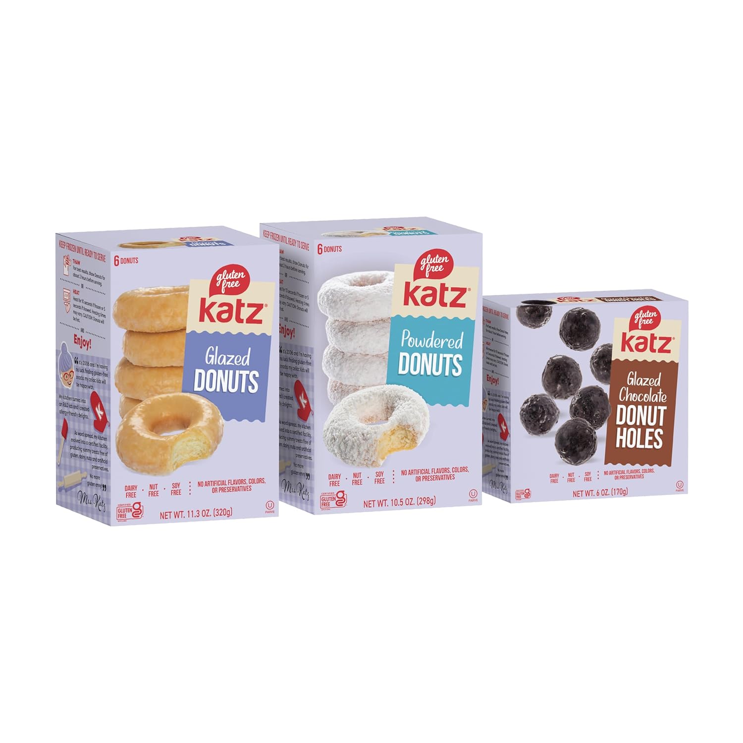 Katz Gluten Free Variety Pack | 1 Glazed Donuts, 1 Powdered Donuts, 1 Glazed Chocolate Donut Holes | Dairy Free, Nut Free, Soy Free, Gluten Free | Kosher (1 Pack of each)