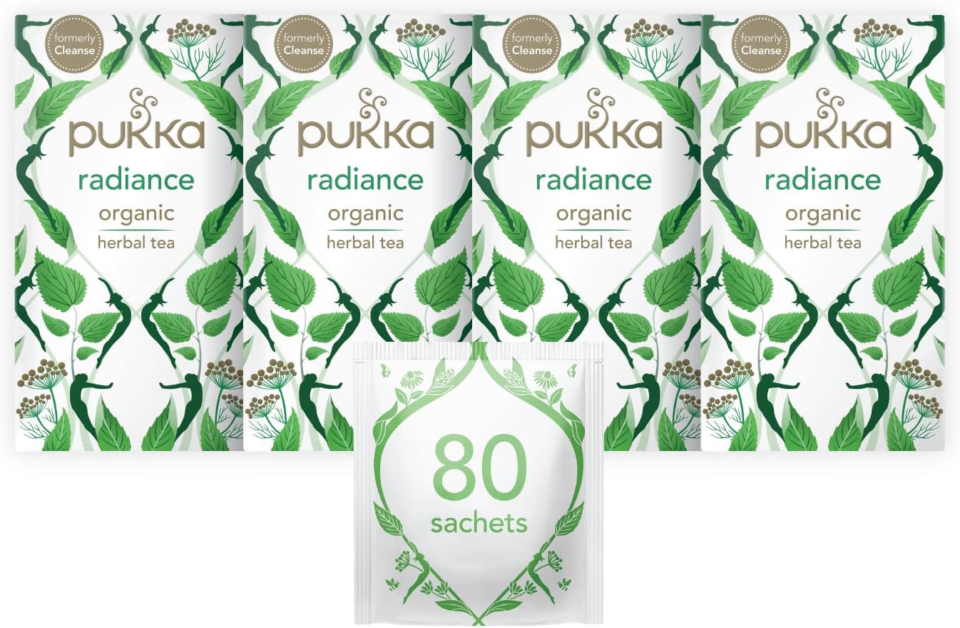 Pukka Herbs | Radiance Organic Herbal Tea Box | Fennel, Aloe Vera, Peppermint, Dandelion and Nettle Tea | Perfect For An Inner Glow | Caffeine Free | 4 Packs | 80 Plant Based Biodegradable Tea Bags