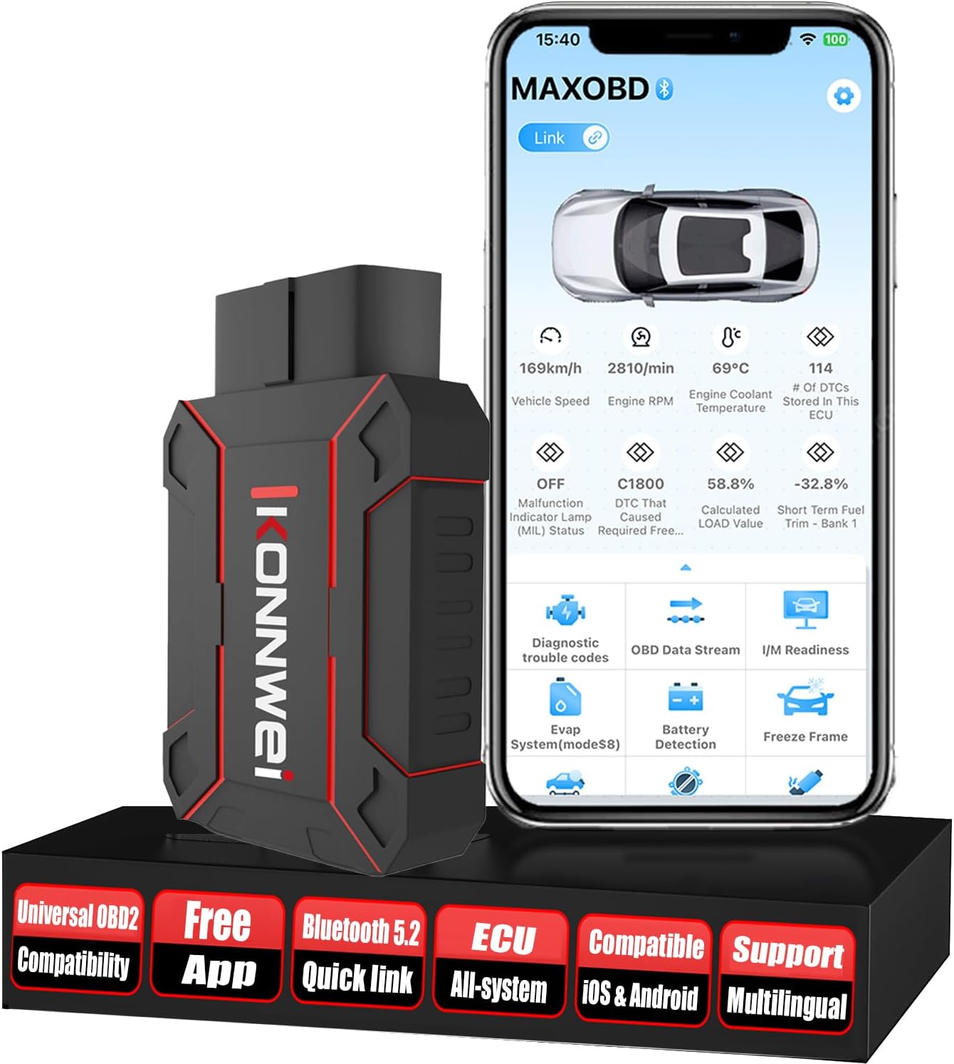 KONNWEI MAXOBD Bluetooth OBD2 Scanner for All Vehicles, Full System Car Code Reader, Wireless Diagnostic Tool with Bluetooth 5.2, OBDII Adapter for iOS & Android, Free Lifetime Updates