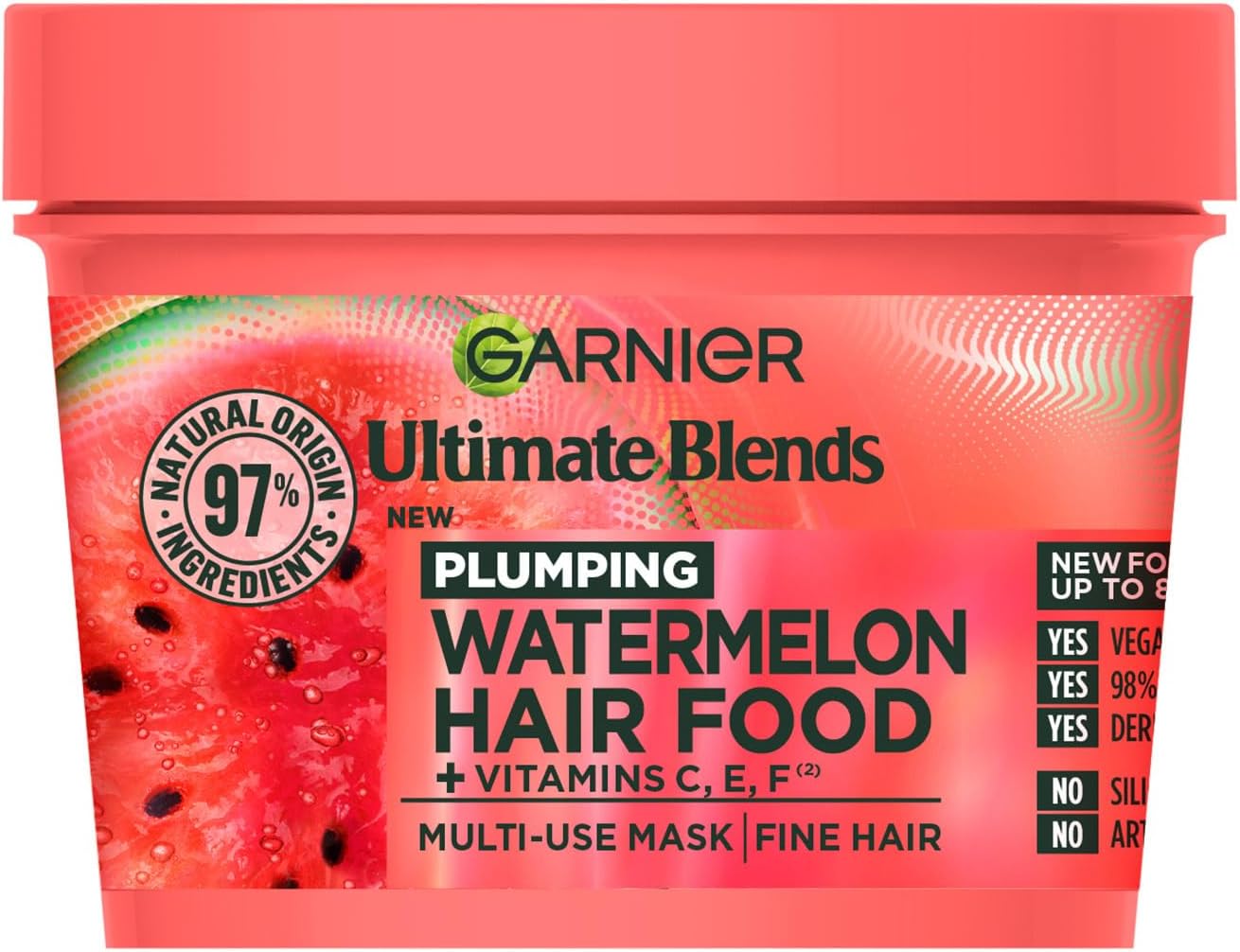 Garnier Hair Food 3-In-1 Fine Hair Treatment Mask, 4x More Plumped Hair, For Fine Hair, No Silicones, Vegan Formula, Watermelon, Ultimate Blends, 400ml (Packaging may vary)