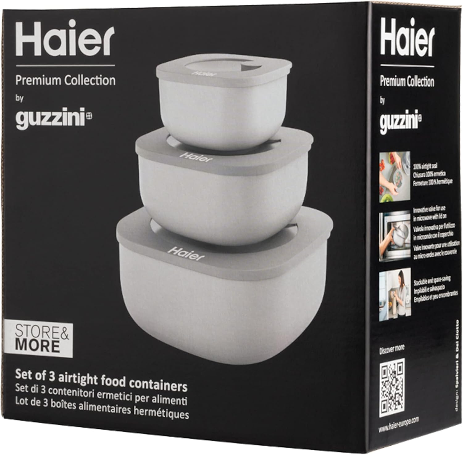 Haier HAGSM4080 Set of Three Hermetic Food Containers - Dishwasher Safe - Fridge - Freezer and Microwave - 3 Sizes - Space Saving - Premium Collection by Guzzini
