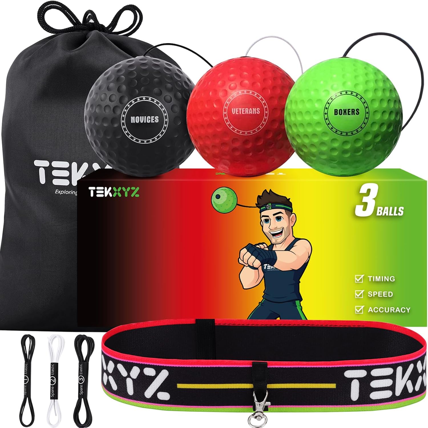 TEKXYZ Boxing Reflex Ball, 3 Difficulty Levels Boxing Ball with Headband, Softer Than Tennis Ball, Perfect for Reaction, Agility, Punching Speed, Fight Skill and Hand Eye Coordination Training