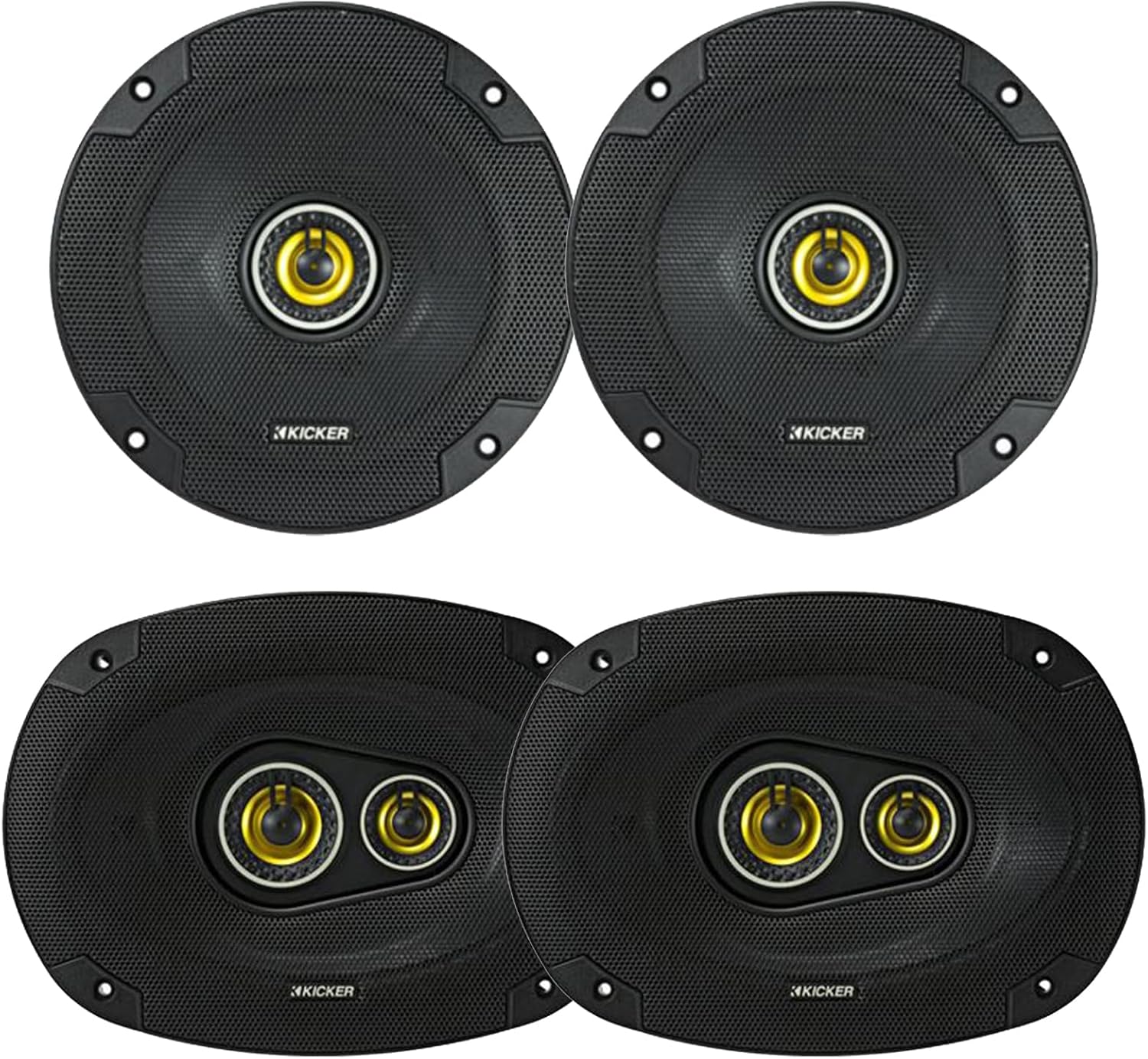 KICKER 6.5" 300 Watt Max Power 4 Ohm 2-Way Car Audio Coaxial Speakers (Pair) and 6x9 450 Watt Peak Power 3-Way Vehicle Audio Speakers (Pair)