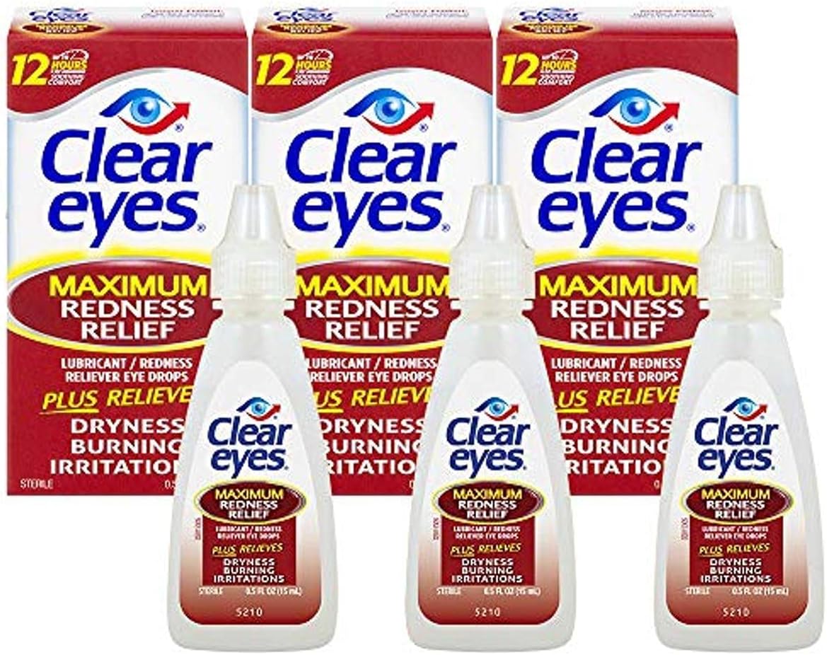 Clear Eyes Maximum Redness Relief Eye Drops | Relieves Drying, Burning & Irritations, 0.5 Fl Oz (Pack of 3)
