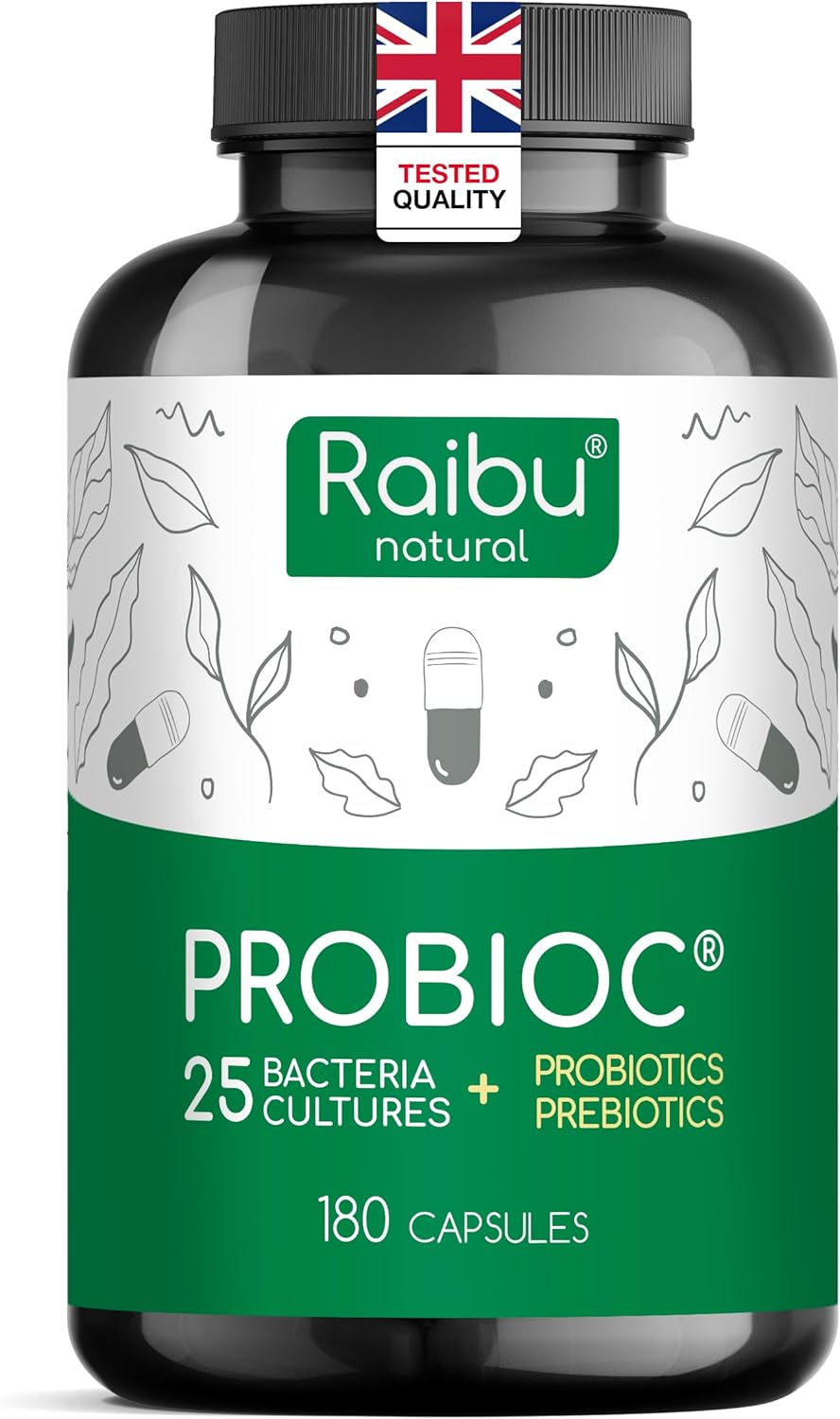 Raibu Probiotics for Gut Health - Probiotics & Prebiotics - 25 Bacterial Cultures - 180 Enteric Coated Capsules - 60 Billion CFU - Lactobacillus Acidophilus & Bifidobacterium - No additives & Vegan