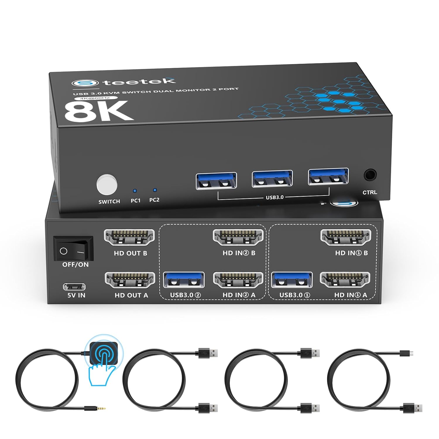 8K HDMI KVM Switch 2 Monitors 2 Computers, 8K@60Hz Dual KVM Switch for 2 Computers Sharing 2 Monitors, Keyboard, Mouse, Hard Drives, Printer, with EDID Adaptive, 2*USB Cables, and Controller.