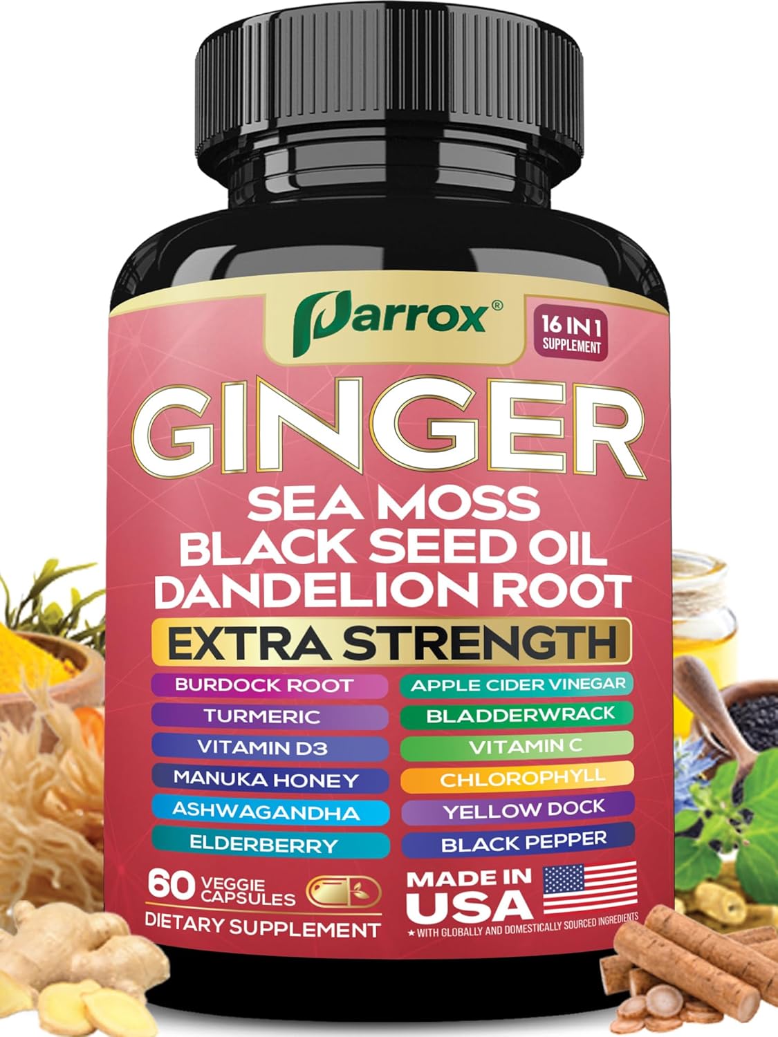Ginger Black Seed Oil Ashwagandha Turmeric Bladderwrack Burdock Sea Moss Vitamin C Vitamin D3 Elderberry Manuka Honey Dandelion Yellow Dock Chlorophyll ACV Apple Cider Vinegar – 60 Capsules