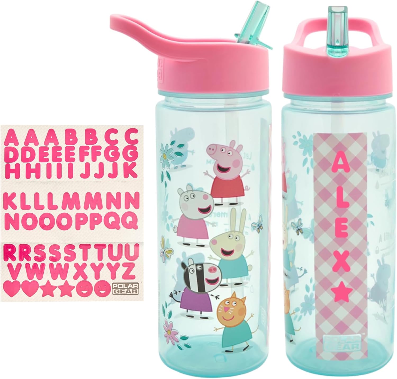 Peppa Pig Personalised Kids' Stickers Water Bottle by Polar Gear - Back To School Supplies, Toddler Size with Straw - Gifts for Kids, Pink