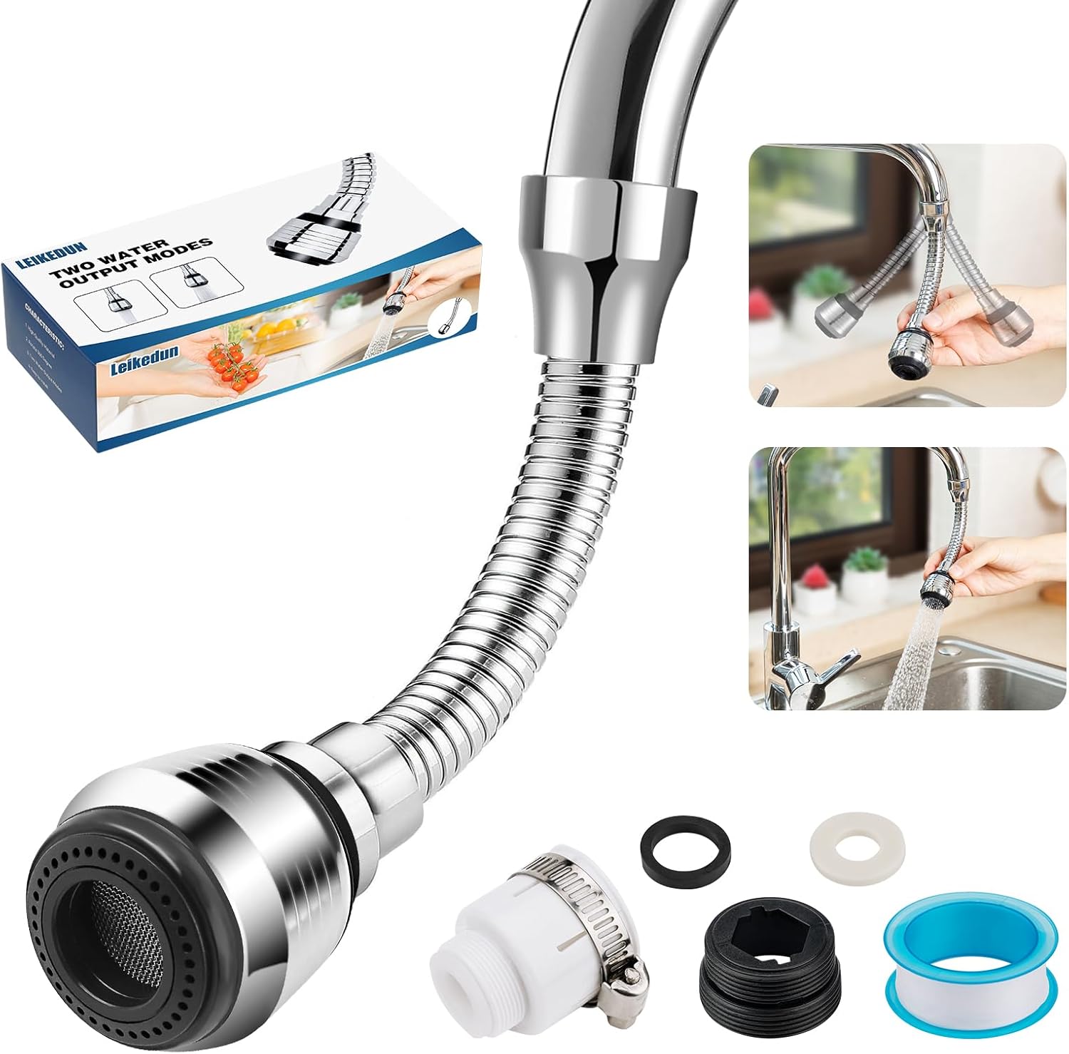 Leikedun Kitchen Tap Spray Head, Universal Tap Extension 360° Rotatable Aerator ABS Polished Chrome for Kitchen Sink Faucet Adapter