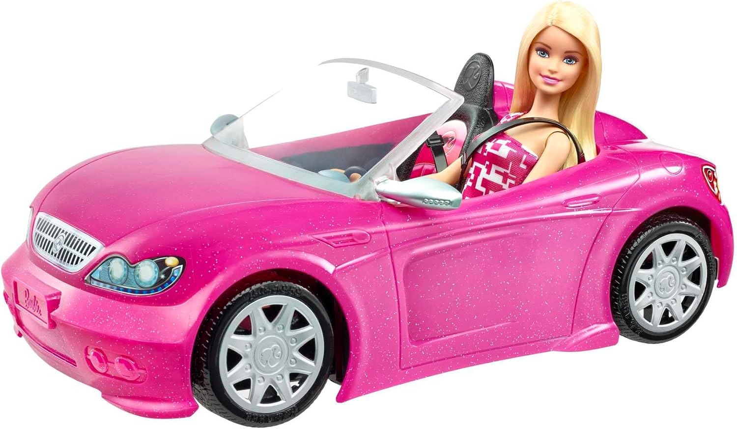 Barbie Playset with Sparkly Pink 2-Seater Toy Convertible Car Featuring Glam Details & Fashion Doll in Sundress & Sunglasses (Amazon Exclusive)