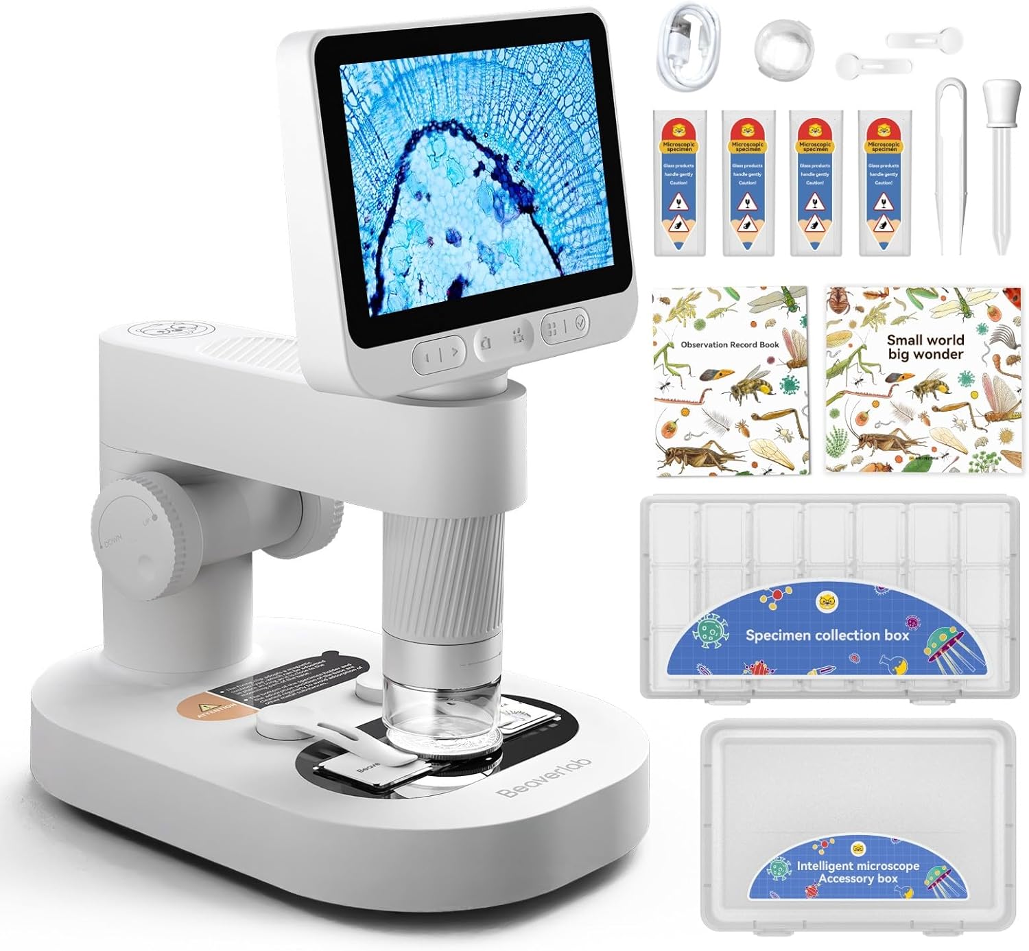 BEAVERLAB 4.0" IPS Digital Microscope for Kids & Adults, 100X-1600X Handheld Microscope with 1080P HD, LED Lights, USB & WiFi microscope for Science Lab, School & Home Education