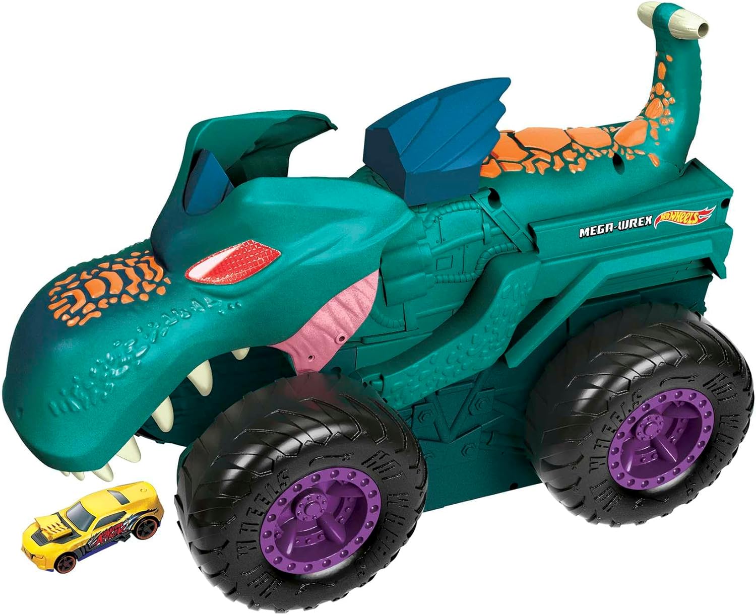 Hot Wheels Monster Trucks, Car Chompin' Mega Wrex, Eats and Dumps Cars, Lights and Sounds, Includes 1 Toy Car in 1:64 Scale, Toys for Ages 4 and Up, One Pack, GYL13