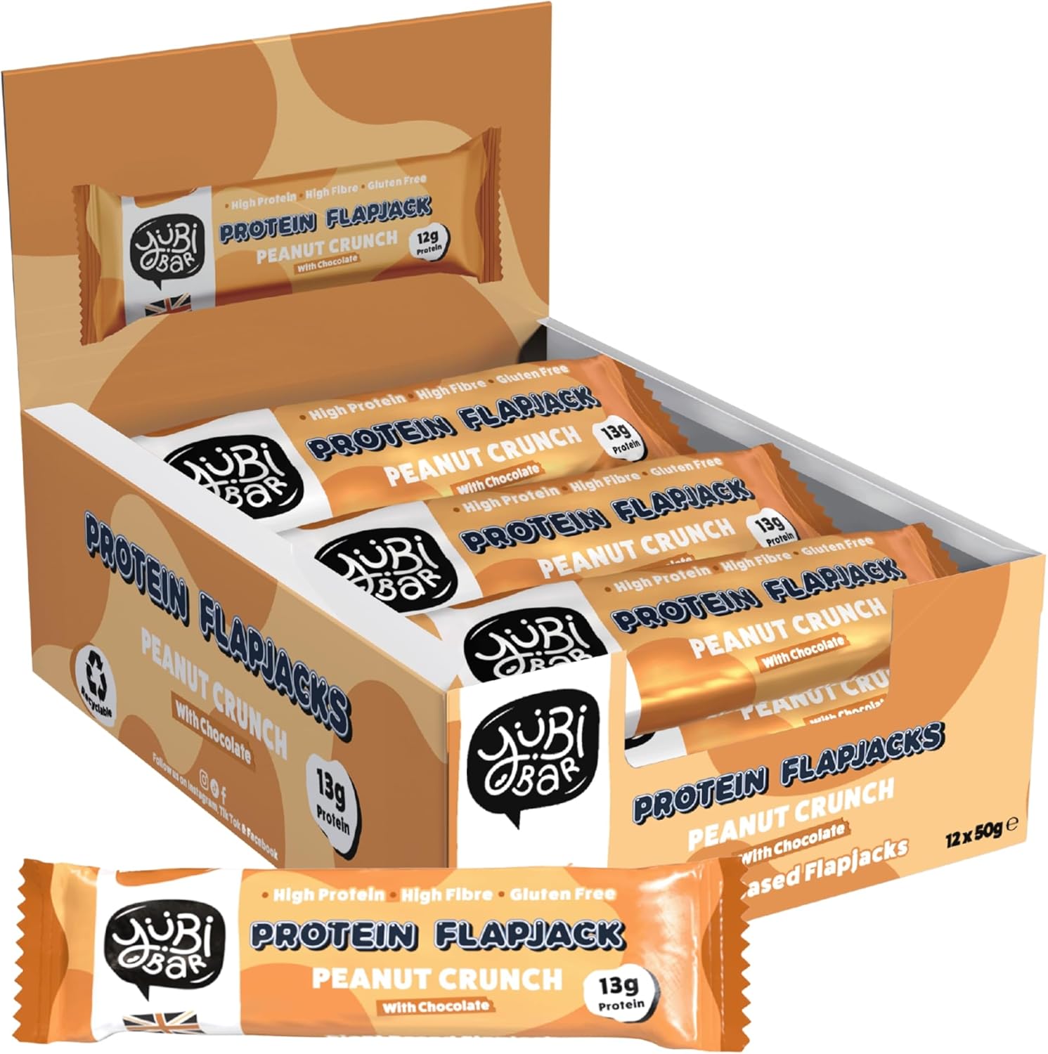 YuBi Protein Flapjacks - Peanut Crunch, 12 Bar Box, Protein Bars, 13g Protein, High Fibre, 2.3g of Sugar, Gluten Free and Dairy Free, 12x50g