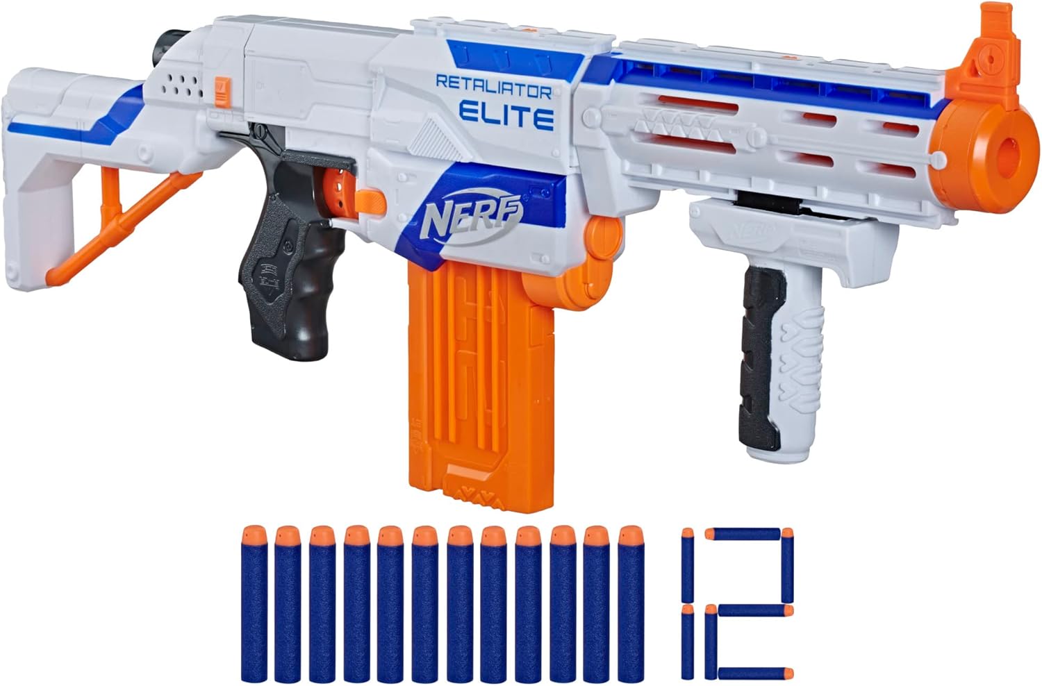 NERF N-Strike Elite Retaliator Blaster, Stock, Grip, Barrel, 12-Clip, 12 Darts, Outdoor Toys for Kids 8+ (Amazon Exclusive)