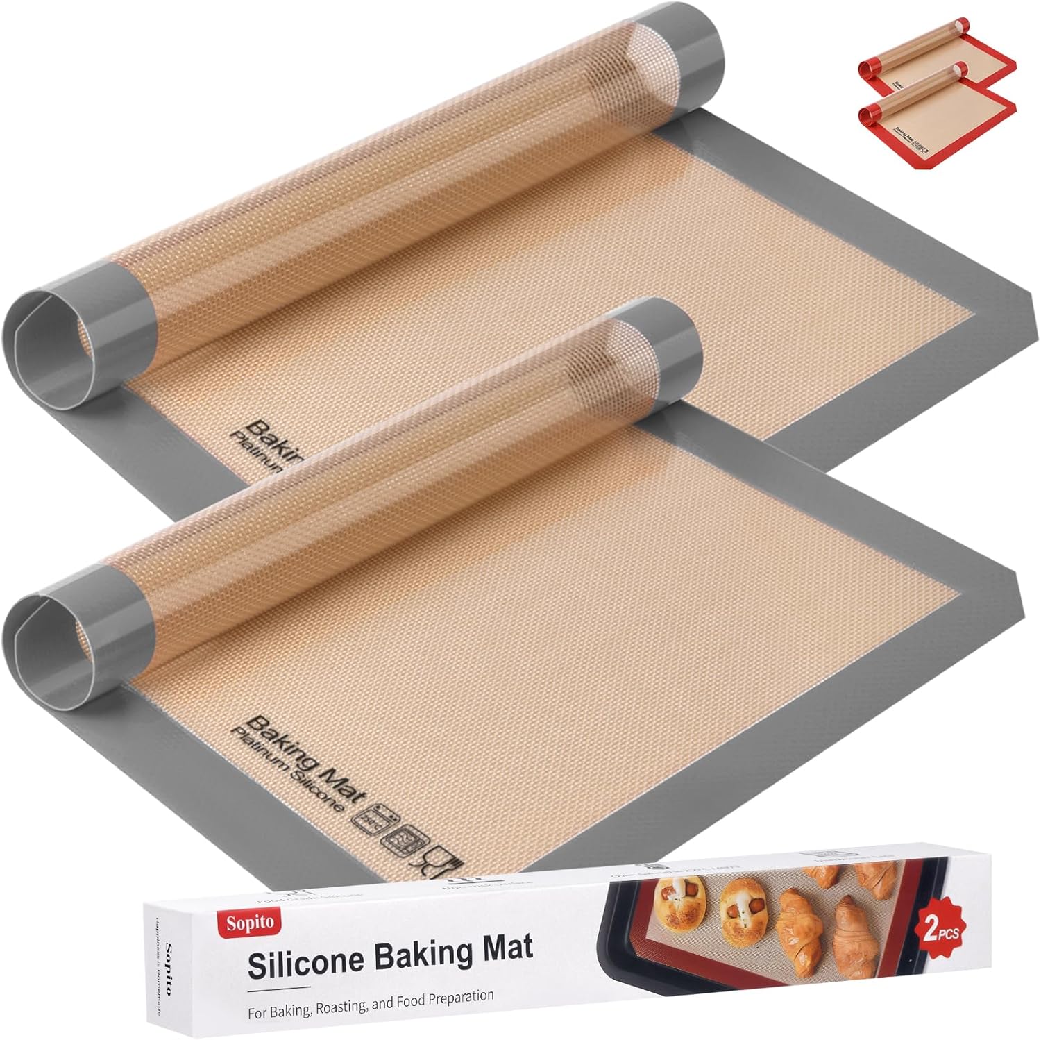 Silicone Baking Mat, Sopito Food Safe Silicone Baking Sheet, Heat Resistant 480℉ Baking Mat, Length 16.5" Width 11.6", 2 PCS-Grey