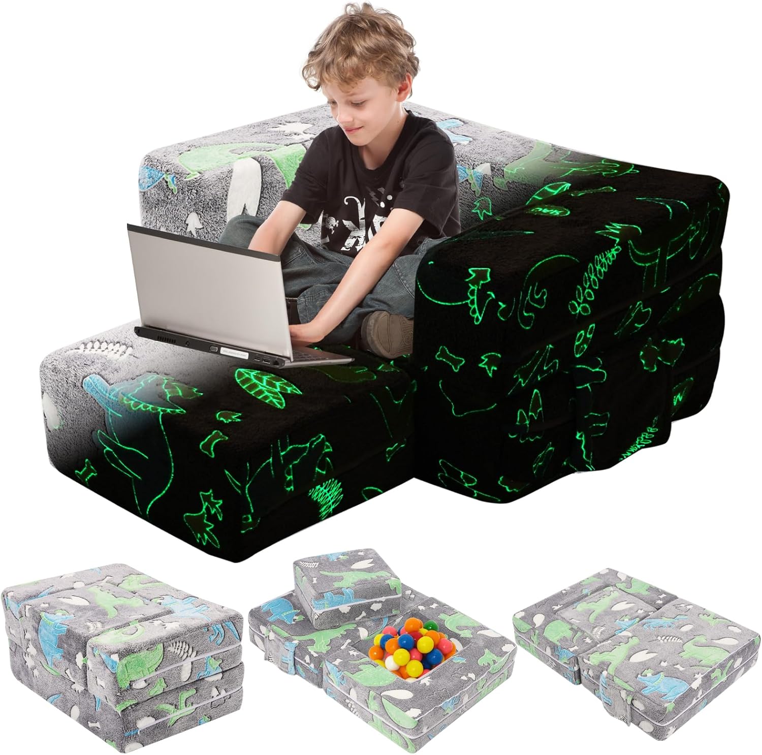 Kids Sofa Bed,Glow in The Dark Kids Sofa, Convertible Toddler Couch with Modular Design, Fold Out Play Sofa for Bedroom & Nursery,Baby Mini Couch Bedroom Furniture for Playroom(Grey)