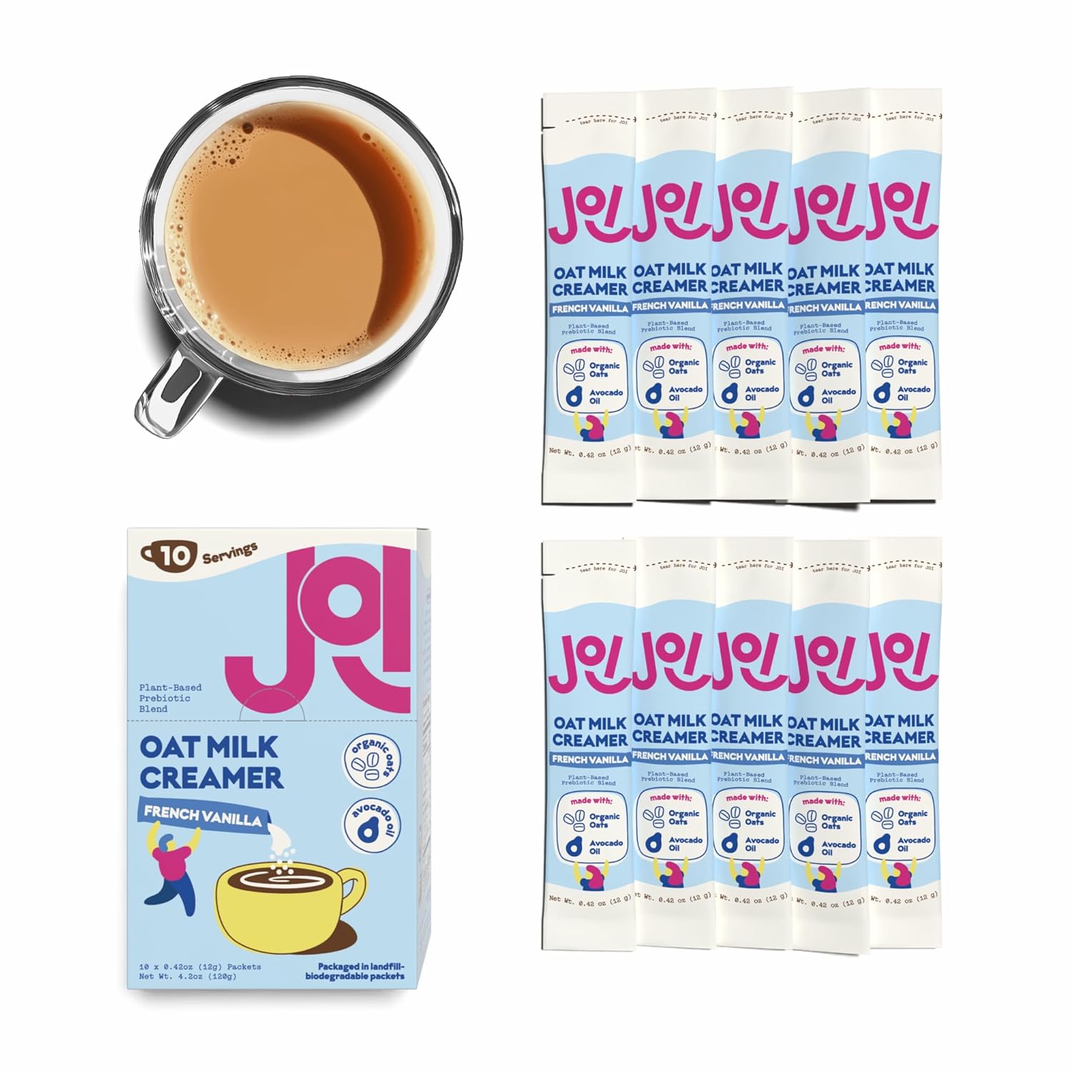 Oat Milk Coffee Creamer, French Vanilla by JOI - 10 Single Serves. Functional, Prebiotic Superfood, Vegan, Dairy Free, Non-Dairy, Plant Based, Kosher, Non-GMO, Shelf-Stable, Barista, Fortified with Calcium. Use in Coffee or Protein Shakes. Single Serve, Travel Packs. Low Sugar. Contains Organic, Glyphosate-free Oats and Avocado oil. Zero Gums, Perservatives, or Seed Oils