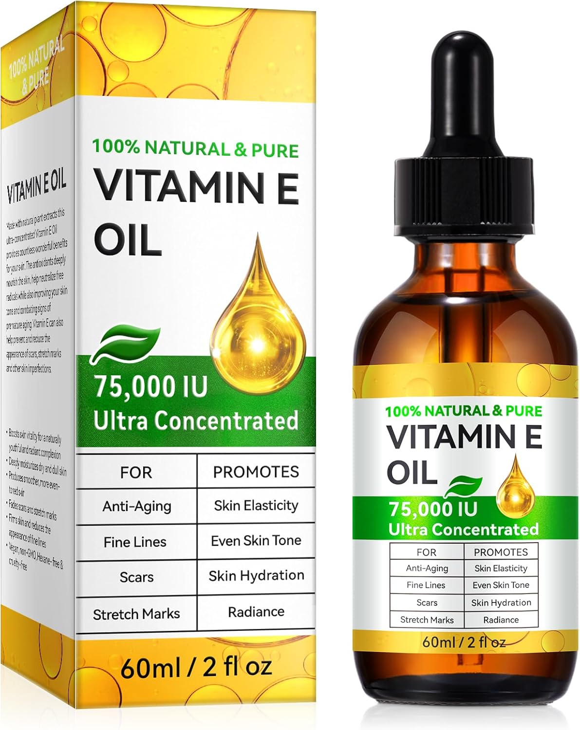 Pure Vitamin E Oil for Skin & Hair - 100% Natural, 75,000 IU, 2 Fl Oz - Moisturizes, Repairs & Protects - Non-Greasy, Cold Pressed - For Face, Body, Scars & Cuticles