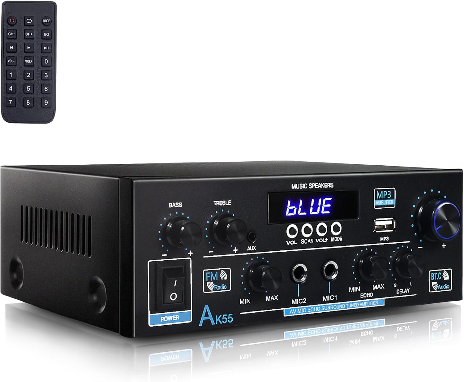 Woopker AK55 Bluetooth 5.0 Amplifier Home Audio,2.0 Channel Max 450W Power Stereo Amplifier Receiver w/USB/AUX/RCA/Opt/COA /2 MIC in for Home Theater Speakers
