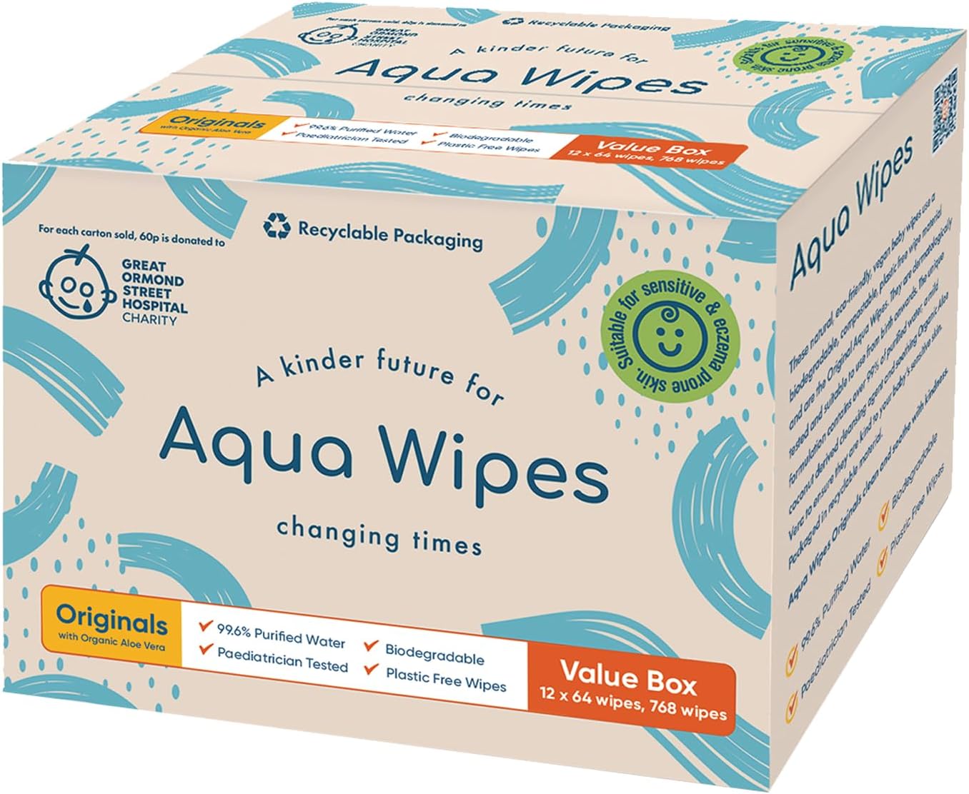 Aqua Wipes Baby Wipes, (Carton of 12 x 64 wipe packs (768 Wipes)), 100% biodegradable, PLASTIC FREE WIPES, 99.6% Purified Water, Newborn Wipes, AQW64F, Vegan, Paraben Free, Perfume Free, NHS APPROVED