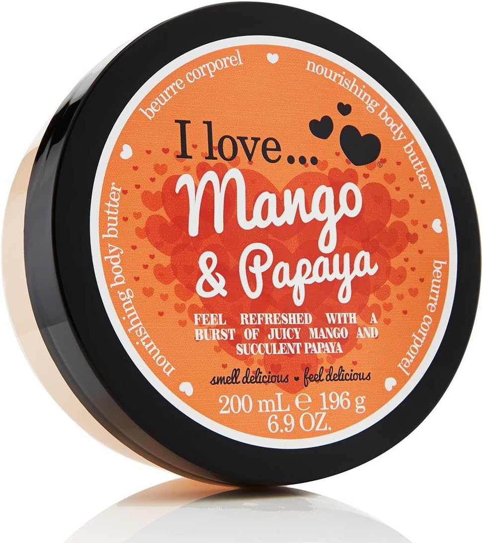 I Love Mango & Papaya Body Butter, 87% Naturally Derived Ingredients, Shea Butter & Coconut Oil for Soft, Hydrated Skin, Moisturizing & Lightly Scented, Natural Fruit Extracts, Vegan-Friendly - 200ml.