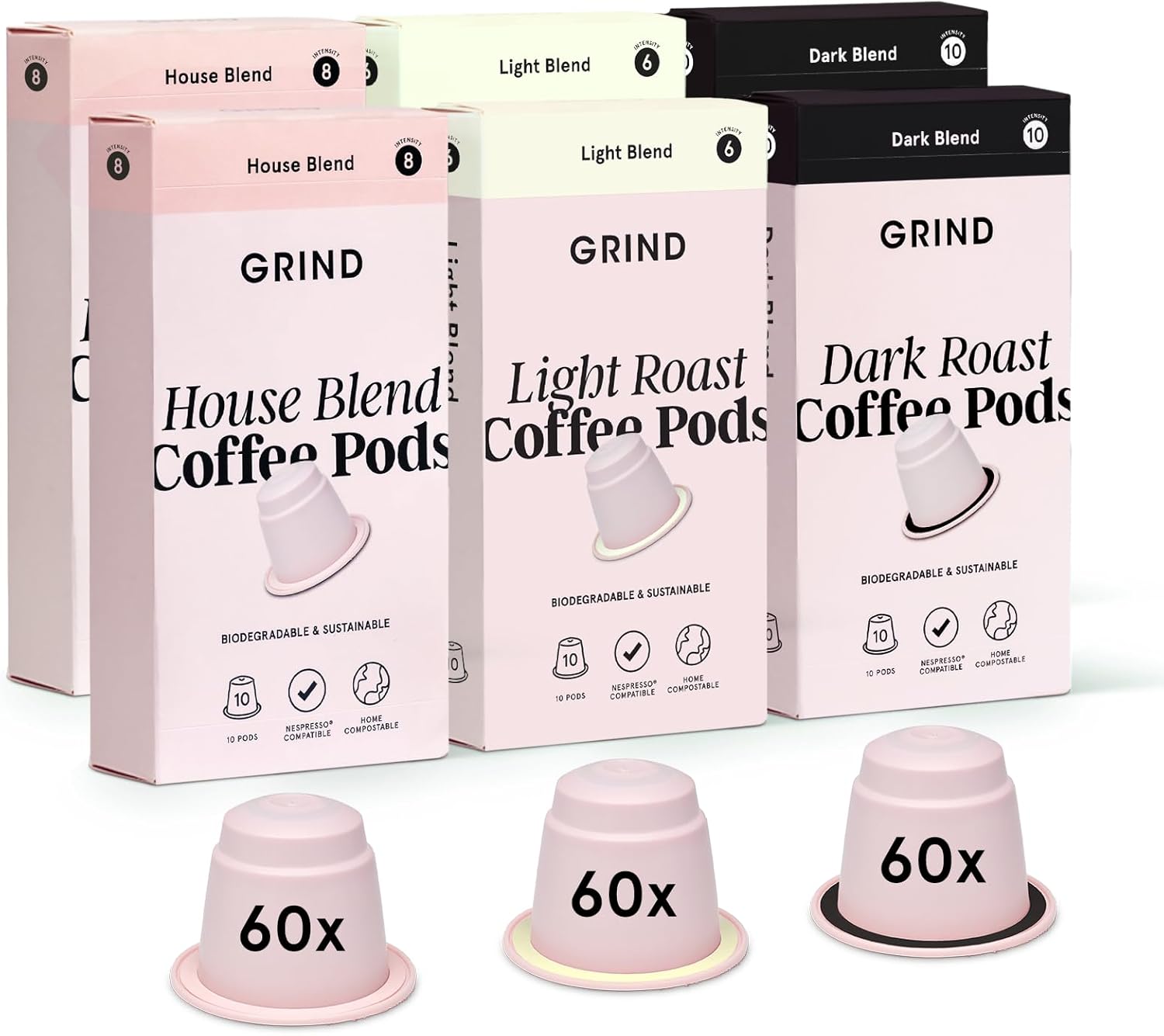 Grind Variety Coffee Pod Collection – Light/House/Dark Blend – Pack of 60 – Nespresso® Original Compatible Capsules – Home Compostable – Barista Quality in 3 Roast Levels – Gift Set
