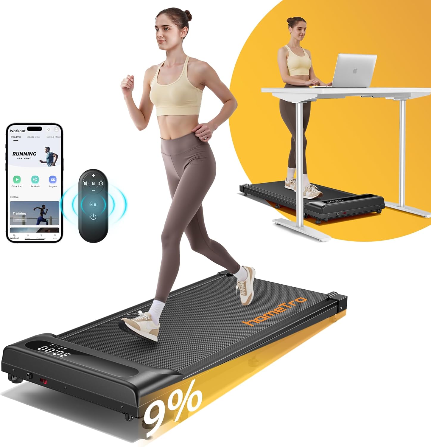 homeTro Walking Pad Treadmill with Incline(9%),3 HP under Desk Treadmills for Home/Office without Assembly,Compact Walking Treadmill with Magnetic Remote & APP Control,120KG Capacity