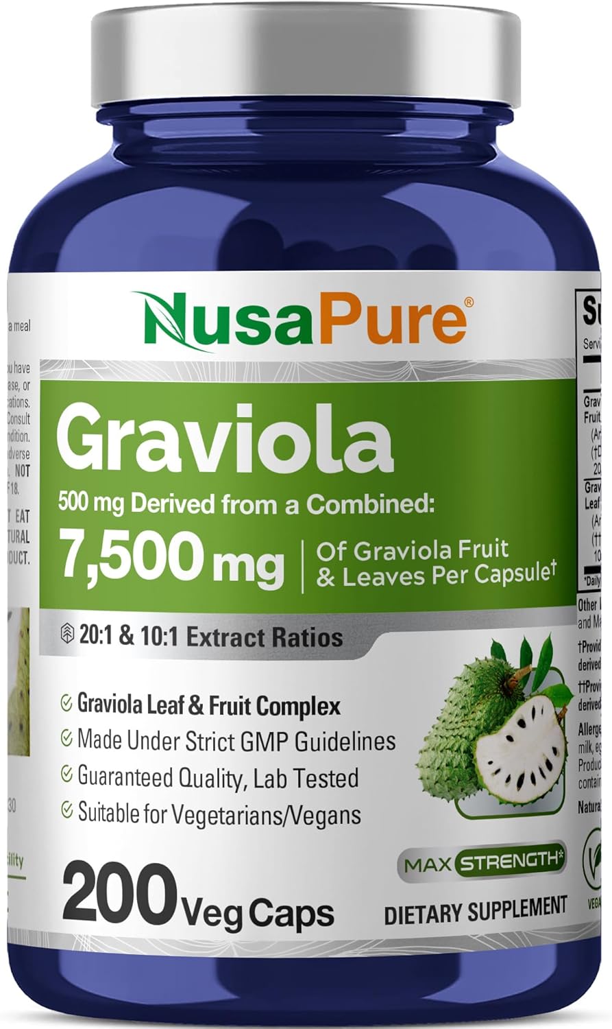 NusaPure Graviola 20:1 & 10:1 Extract, 250 mg Equivalent to 7,500 mg per caps 200 Veggie (Vegan, Non-GMO)