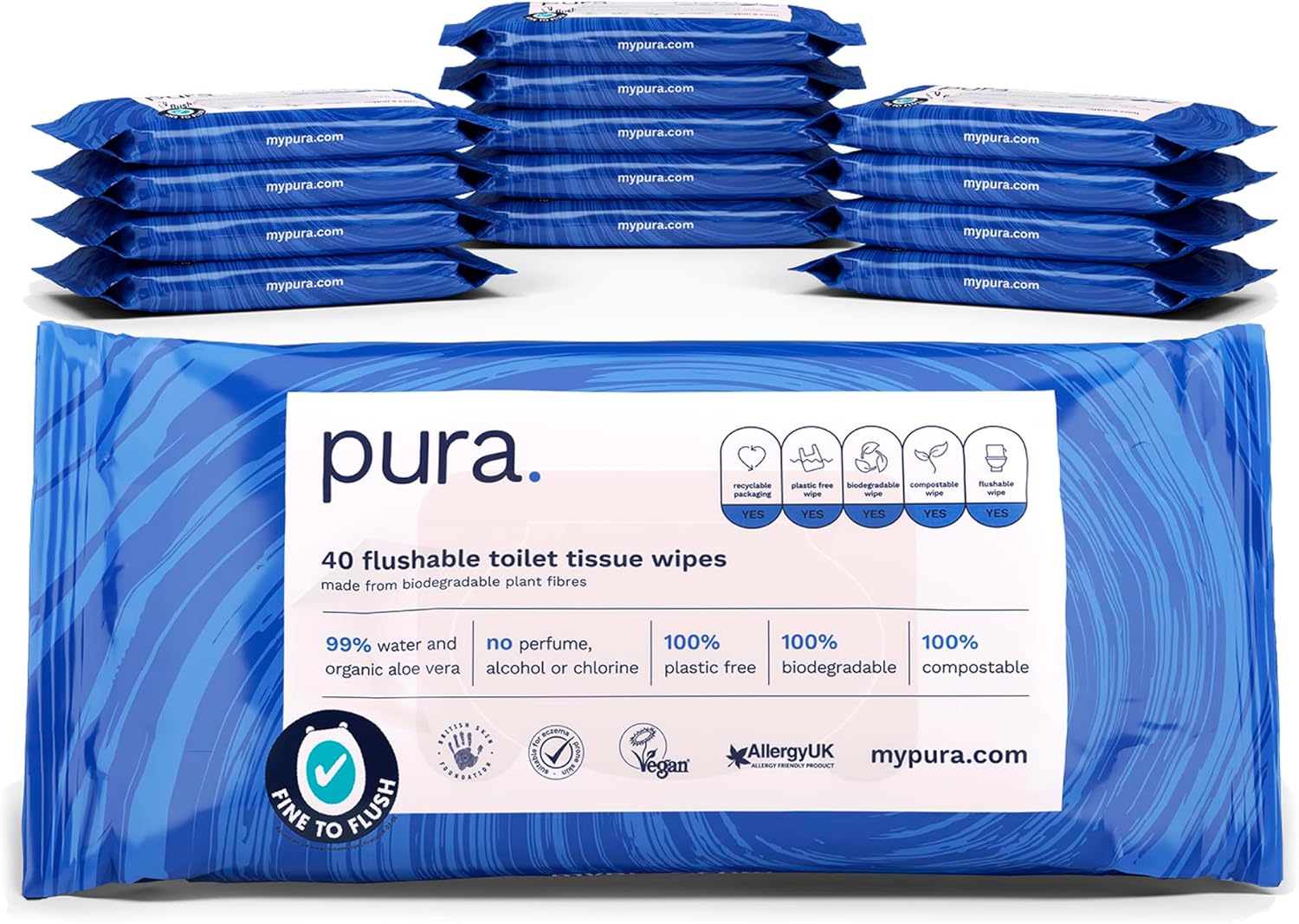 Pura Flushable Moist Toilet Tissue Wipes, 14 x 40 wipes per pack (560 Wipes) 100% Plastic Free, 99% Water Washlets, Certified Fine to Flush Biodegradable, Compostable, Vegan, Gentle, Clean, Wet Wipes