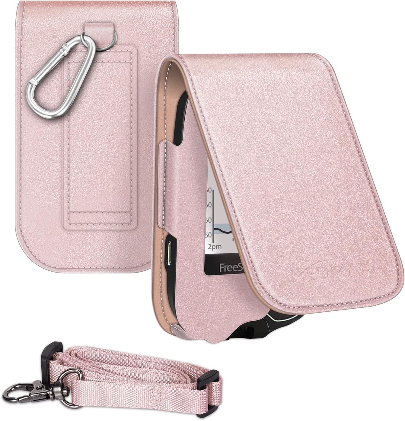 PU Protective Case with Detachable Hanging Lanyard for Freestyle Libre 3 2 / Libre Reader, Lightweight Shockproof Diabetic Storage Neck Sling Carrying Case with Carabiner Clip (Rose Gold)