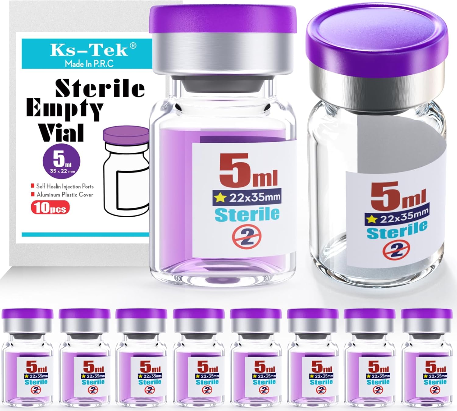 Ks-Tek Sterile Empty Vials with Self Healing Injection Port,with Flip Off Aluminum Cap,Sterile Package (5ml,10)