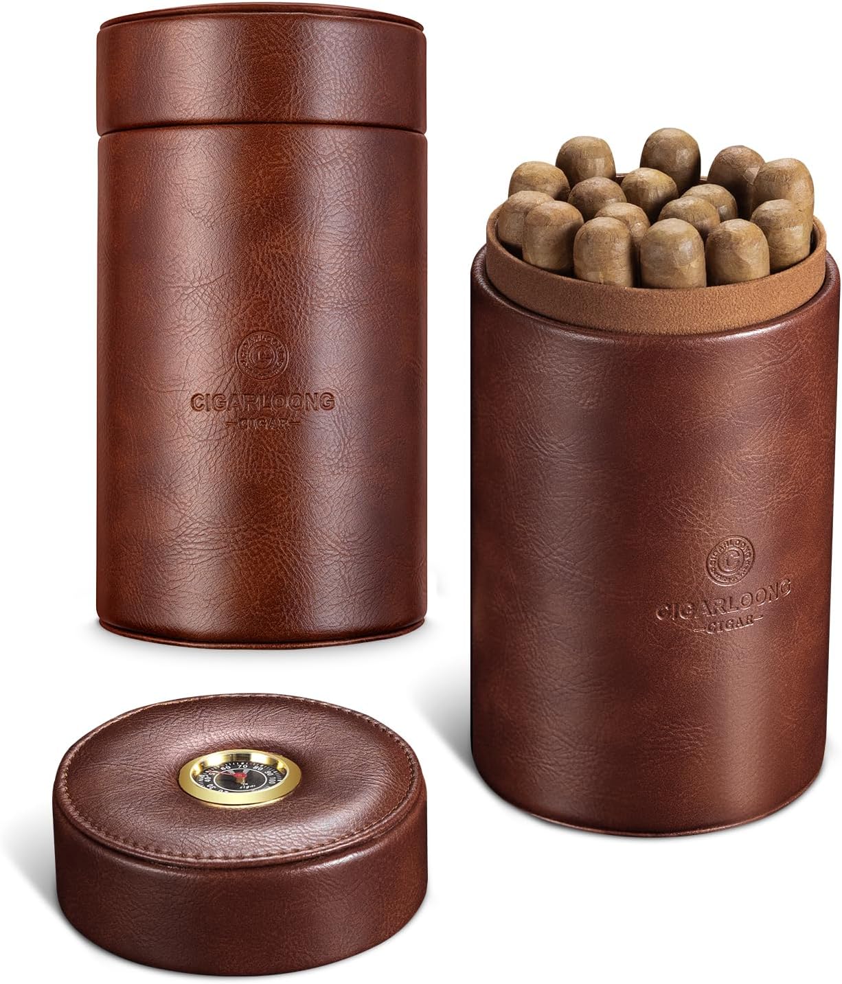 CIGARLOONG Leather Cigar Humidor with Hygrometer and Humidifier, Cigar Tube/Case Cedar Wood Lined Cigar Jar,Portable Airtight Cigar Case Tube (Brown)
