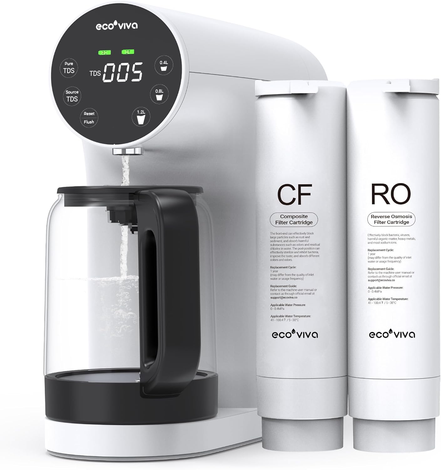 Ecoviva Countertop Reverse Osmosis Water Filtration System, Portable RO Water Filter Purifier with 4 Stage Filtration, 3:1 Pure to Drain, TDS Monitor, Faster Delivery Flow, Plug and Use - White