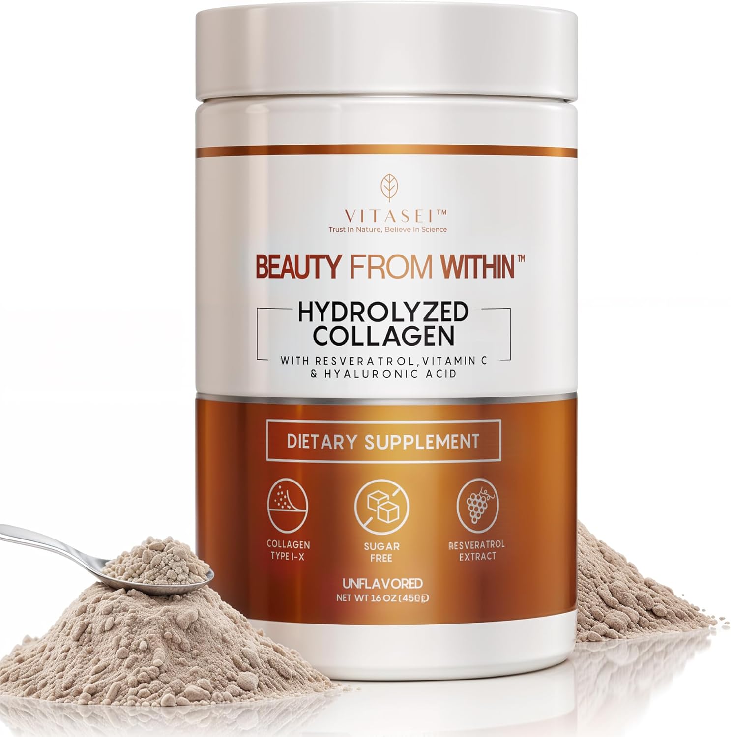 VITASEI Hydrolyzed Collagen Peptides Powder with Vitamin C & Resveratrol - Hair, Skin and Nails Vitamins for Women & Men - Bone and Joint Supplement - Unflavored - 16 oz