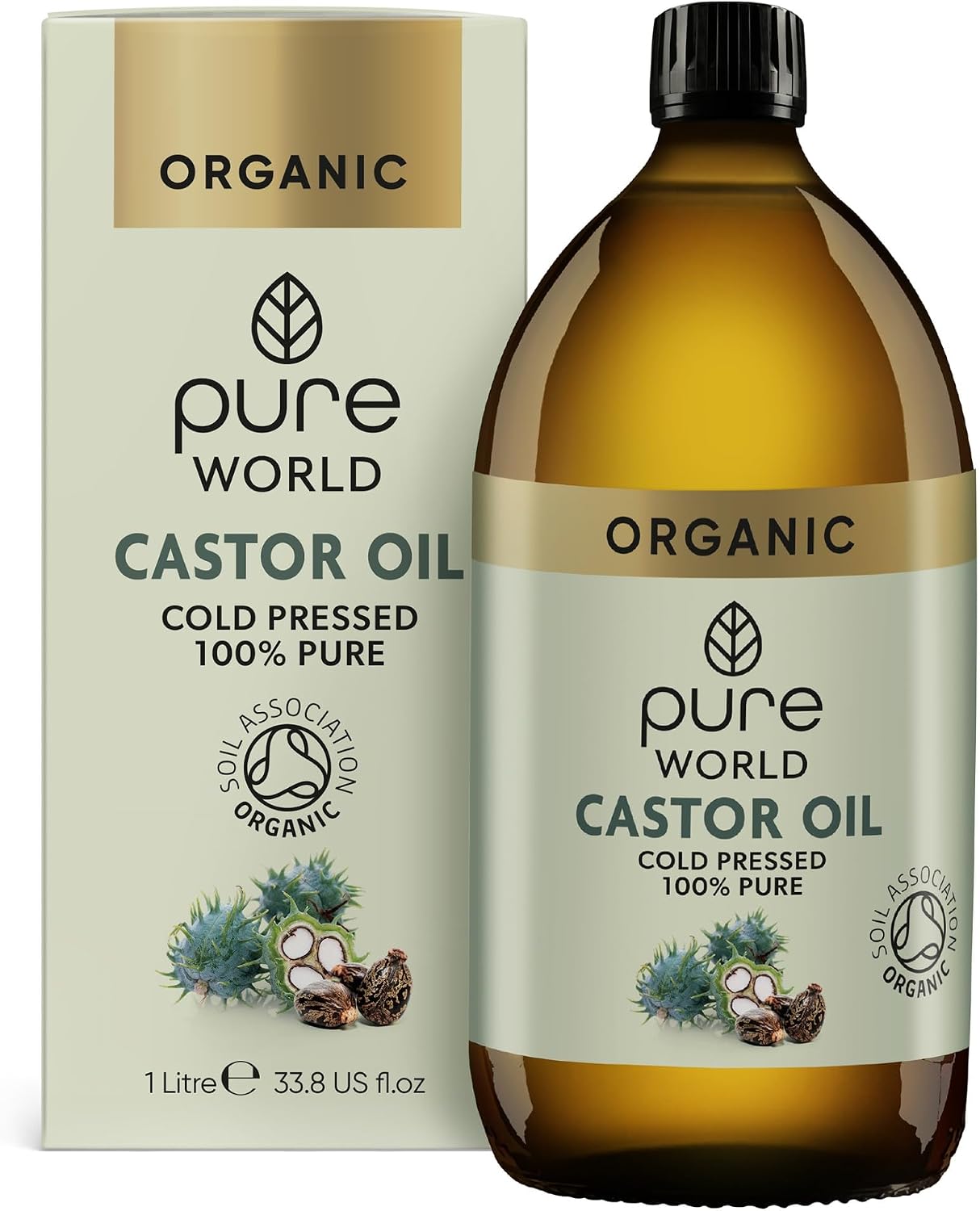 Pure World Castor Oil - Organic 1 Litre (1000ml) Glass Bottle Cold & Freshly Pressed, Hexane Free for Hair, Skin, Moisturizing, Conditioning, Eyelashes, Eyebrows- Food Grade