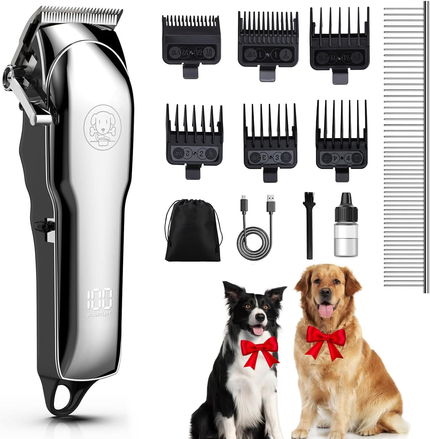 Dog Clippers, Quite Cordless Dog Grooming Kit, Professional for Thick Coats/Heavy Hair, 7000RPM Strong Motor Sharp Metal Blade LED Power Display Pet Shaver Trimmer for Dogs Cats and Animals
