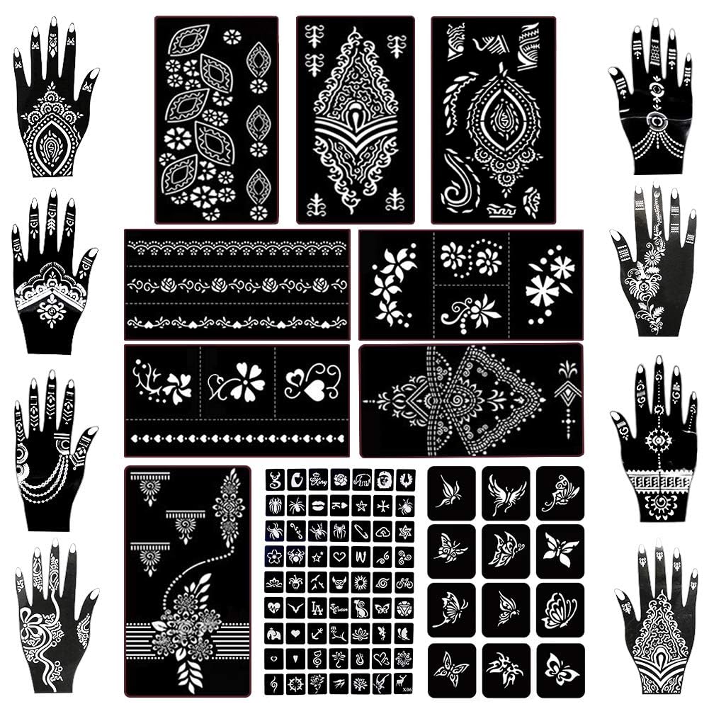Koogel Henna Tattoo Stencil Kit 18 Sheets 97 PCS, Glitter Airbrush Flower Stencils for Body Art, Face Painting, Mehndi Designs, Women & Girls, Arabian Realistic Temporary Tattoos