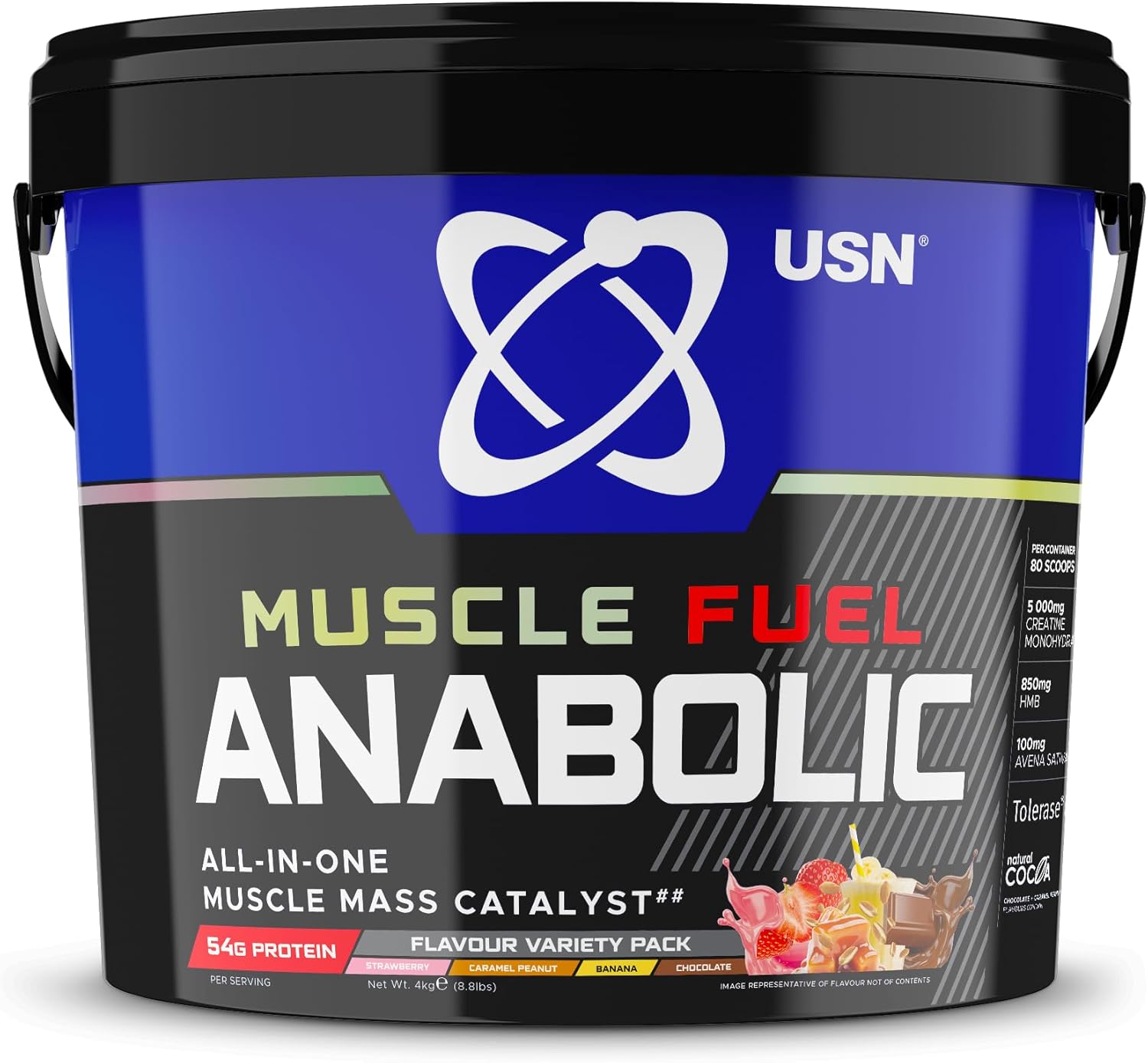 USN Muscle Fuel Anabolic Variety (Chocolate, Strawberry, Banana, Caramel Peanut) All-in-one Protein (4kg): Workout-Boosting, Protein Powder for Muscle Gain - New Formula