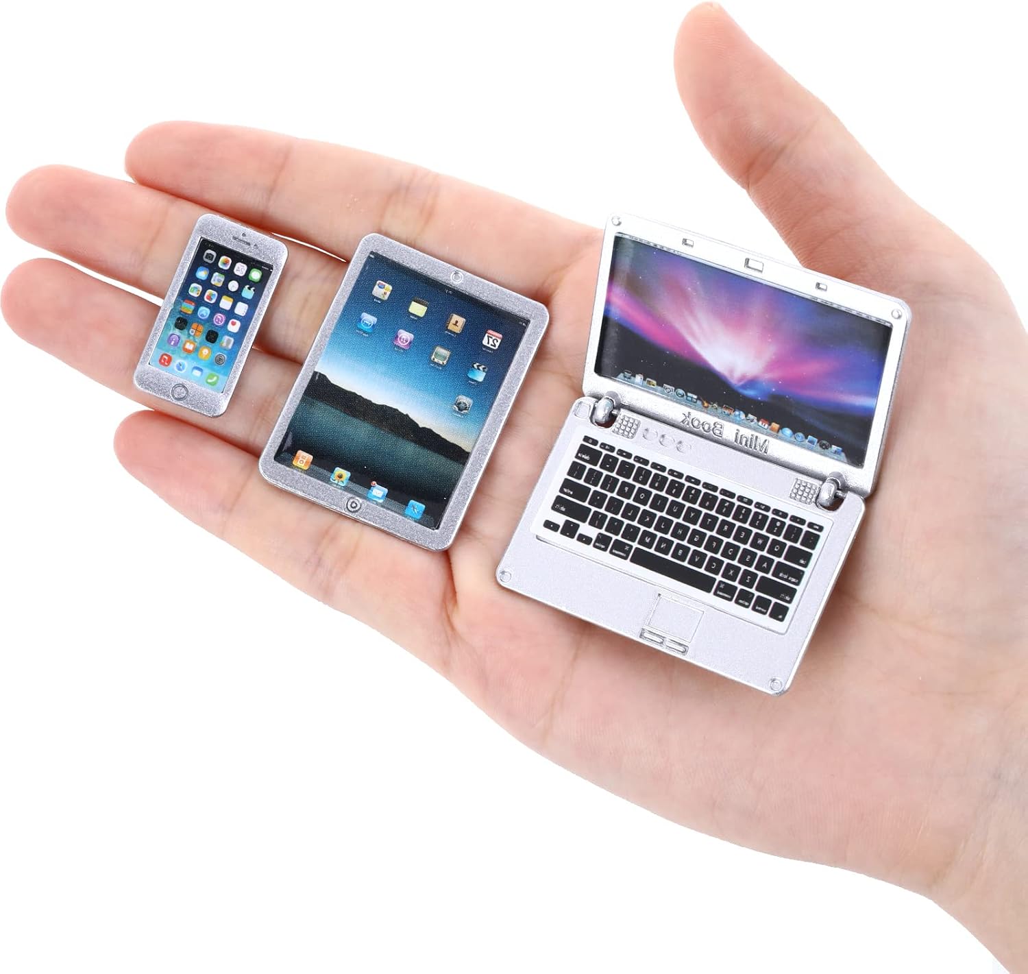 cobee 1:12 Mini Laptop Set,3pcs/set Mini Metal Laptop Tablet Smartphone Scene Simulation Accessories Dolls House Furniture Doll Accessories Play Set (White)