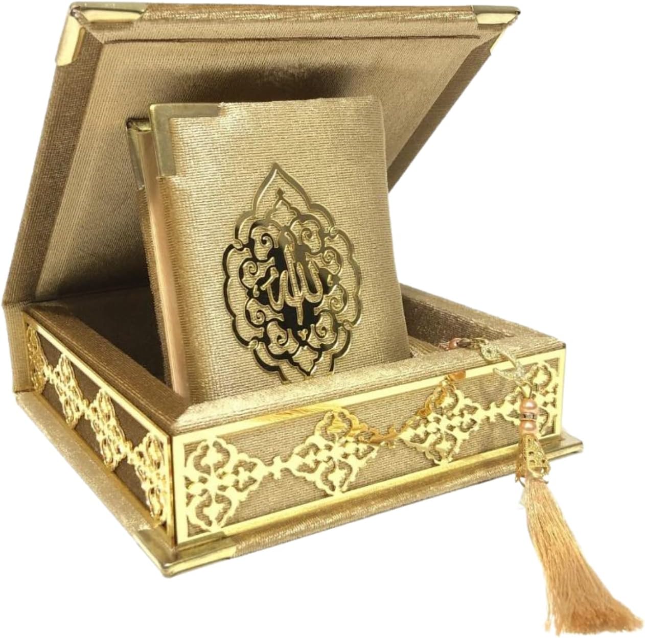 Prien Velvet Quran Pearl Prayer Bead Set, Islamic Gifts for Eid Ramadan, Portable Box, Muslim Home Decor, Figured Gift Boxes Tasbih, Cute Mawlid for Umrah, Mosque, Praying, Special day (Tan)