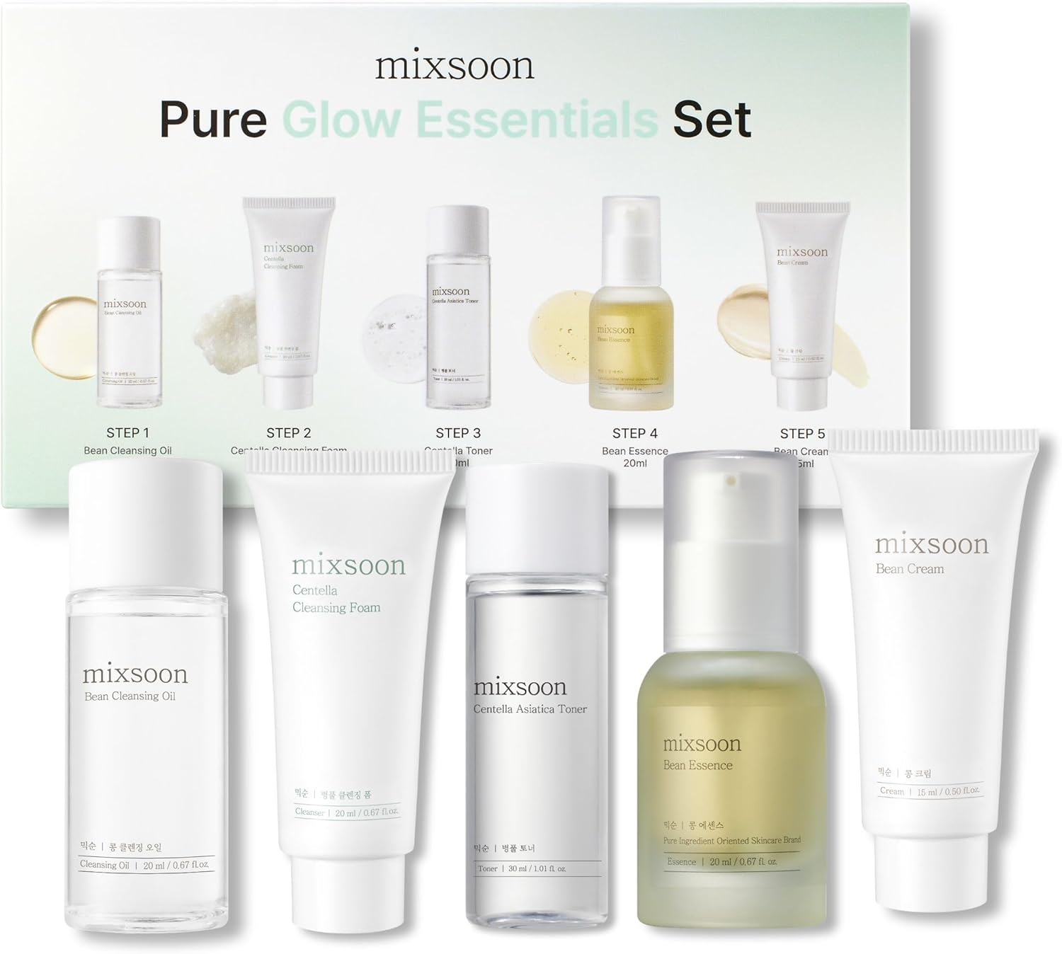 mixsoon Pure Glow Essentials Set - 5-Step Korean Glass Skin Routine for Sensitive Skin, Hydrating Skincare Kit with Centella & Fermented Soybean, Travel Kit, Miniauture Size 5 Items