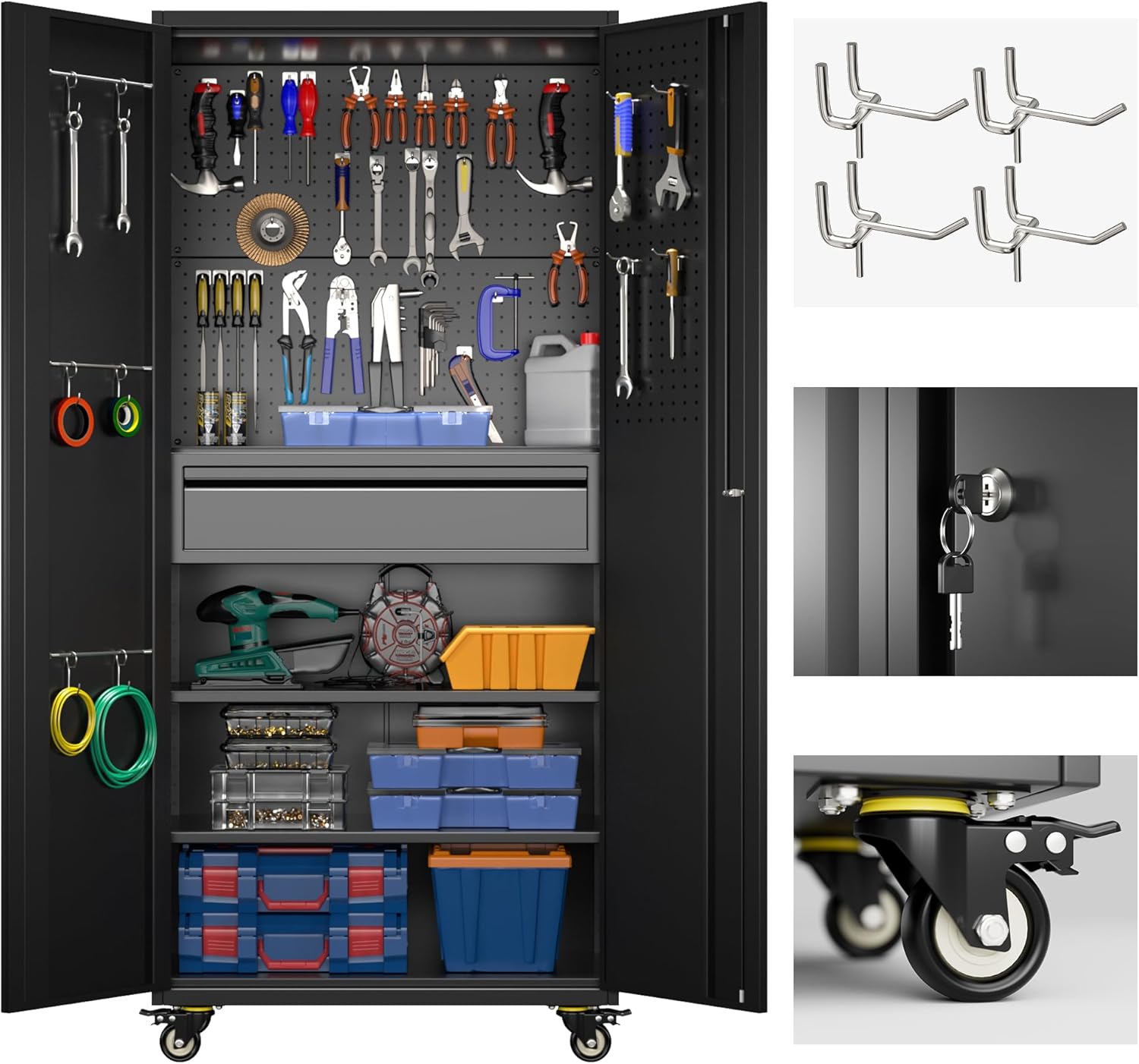 71" H Metal Garage Storage Cabinet with Wheels and Doors,Rolling Tool Storage Cabinet with Pegboard and Drawer for Garage Warehouse Home,Required Assembly,Black