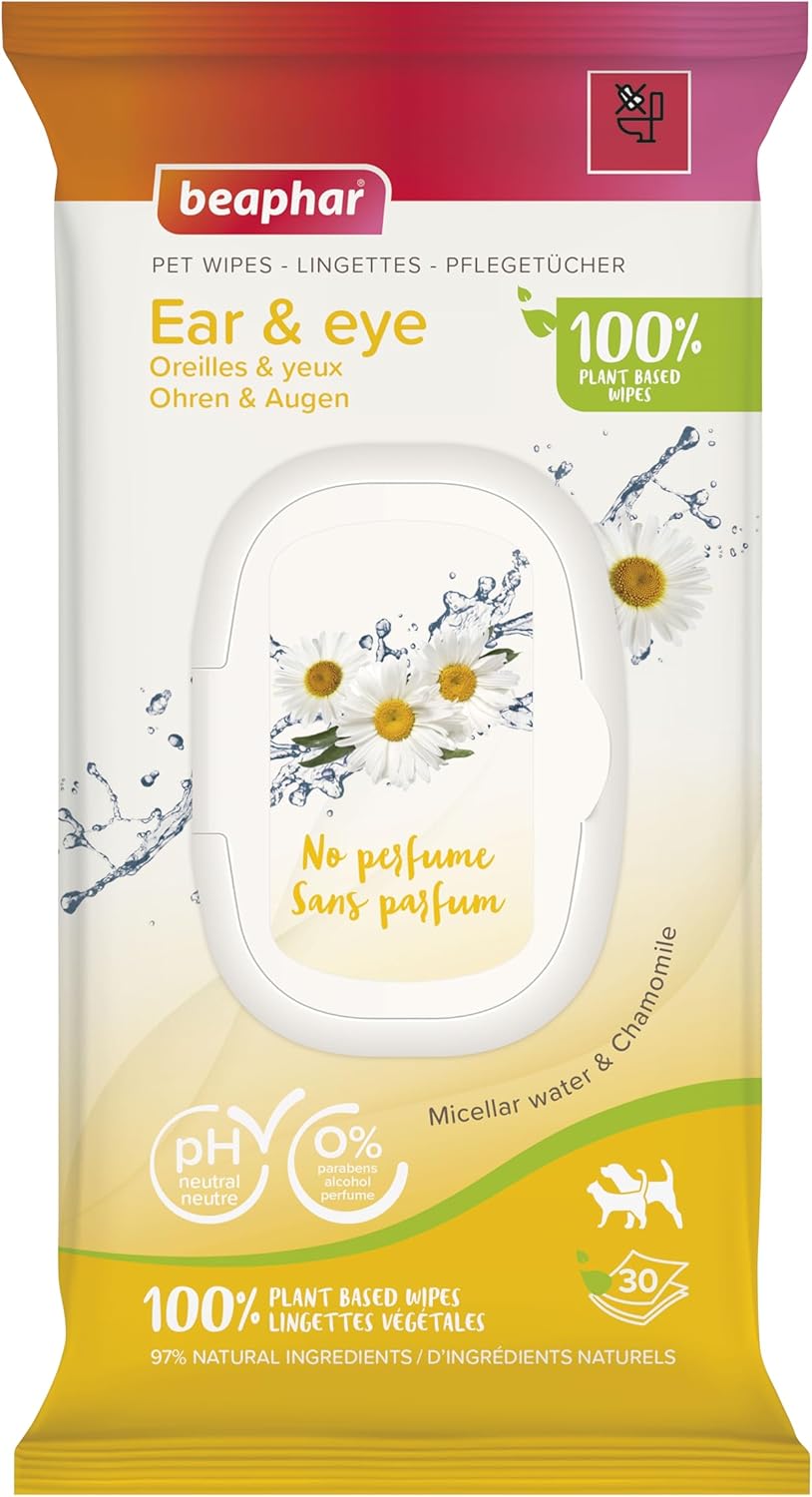Beaphar - Pet Wipes – Ear & Eye Wipes for Cats & Dogs - Gently cleans around delicate eyes & ears – 100% Plant-Based, Biodegradable Wipes – With Chamomile – 30 Wipes – pH neutral - no perfume