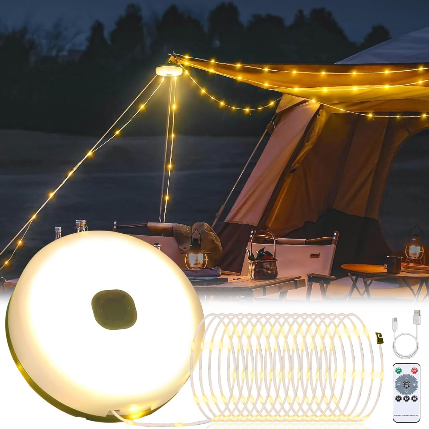 Camping String Lights Portable for Outdoor: 10m Warm White Camper Led Camping Fairy Light for Tent Hiking Garden Party - 9 Modes Campsite String Lamp USB Charging Waterproof Stowable