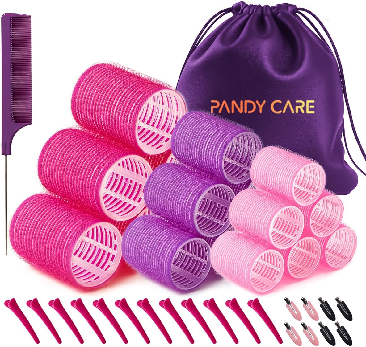 Hair Rollers Set 40 PCS, PandyCare Hair Rollers For Long & Short - No Heat, Hair-friendly, Natural Effect, Includes 18 Rollers (1.73+1.41+0.98 inch), 20 Clips,1 Rat Tail Comb 1 Storage Bag