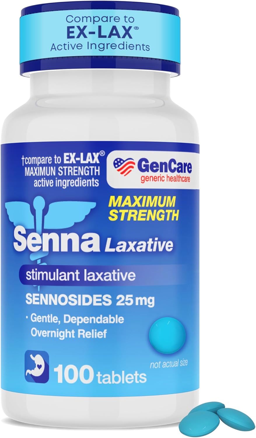 GenCare - Maximum Strength Senna Laxative 25mg (100 Tablets) - Gentle Constipation Relief Sennosides USP Stimulant Laxatives Digestion Pills - Natural Overnight Relief while You Sleep - Generic Ex Lax