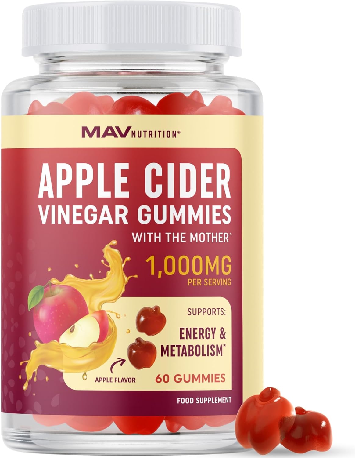 Vegan Apple Cider Vinegar Gummy 1000mg with The Mother | Weight Management, Metabolism, Energy & Digestion Support with Vitamin B6 & B12 | Thermogenic ACV Gummies | 60 Apple Cider Vinegar Gummies