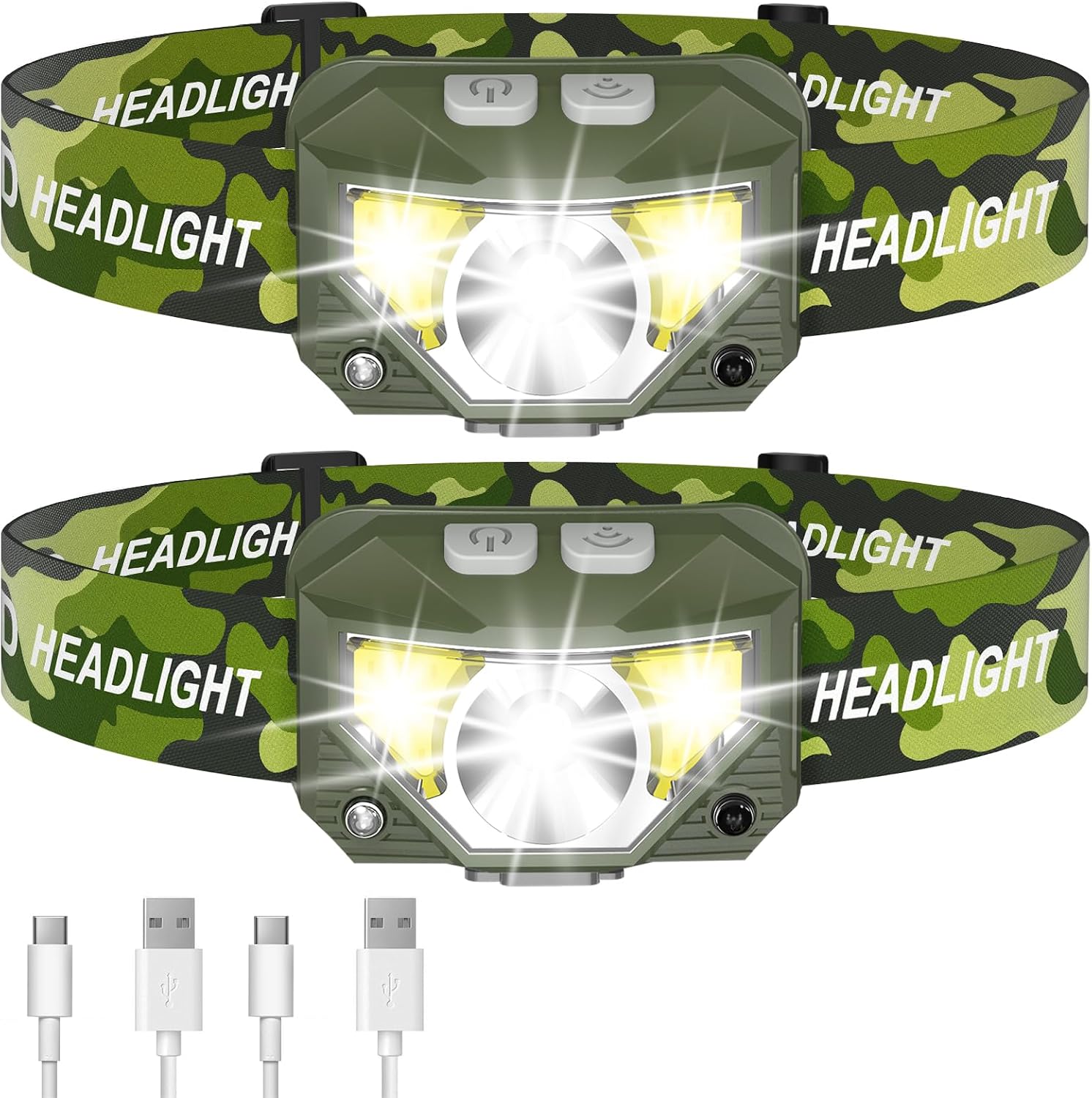 LHKNL Headlamp Flashlight, Lumen Bright Head Lamps LED Rechargeable-Green | Ultra-Light, with White Red Light, 2-Pack Waterproof Motion Sensor Headlight, 8 Modes for Outdoor Running Hiking Fishing
