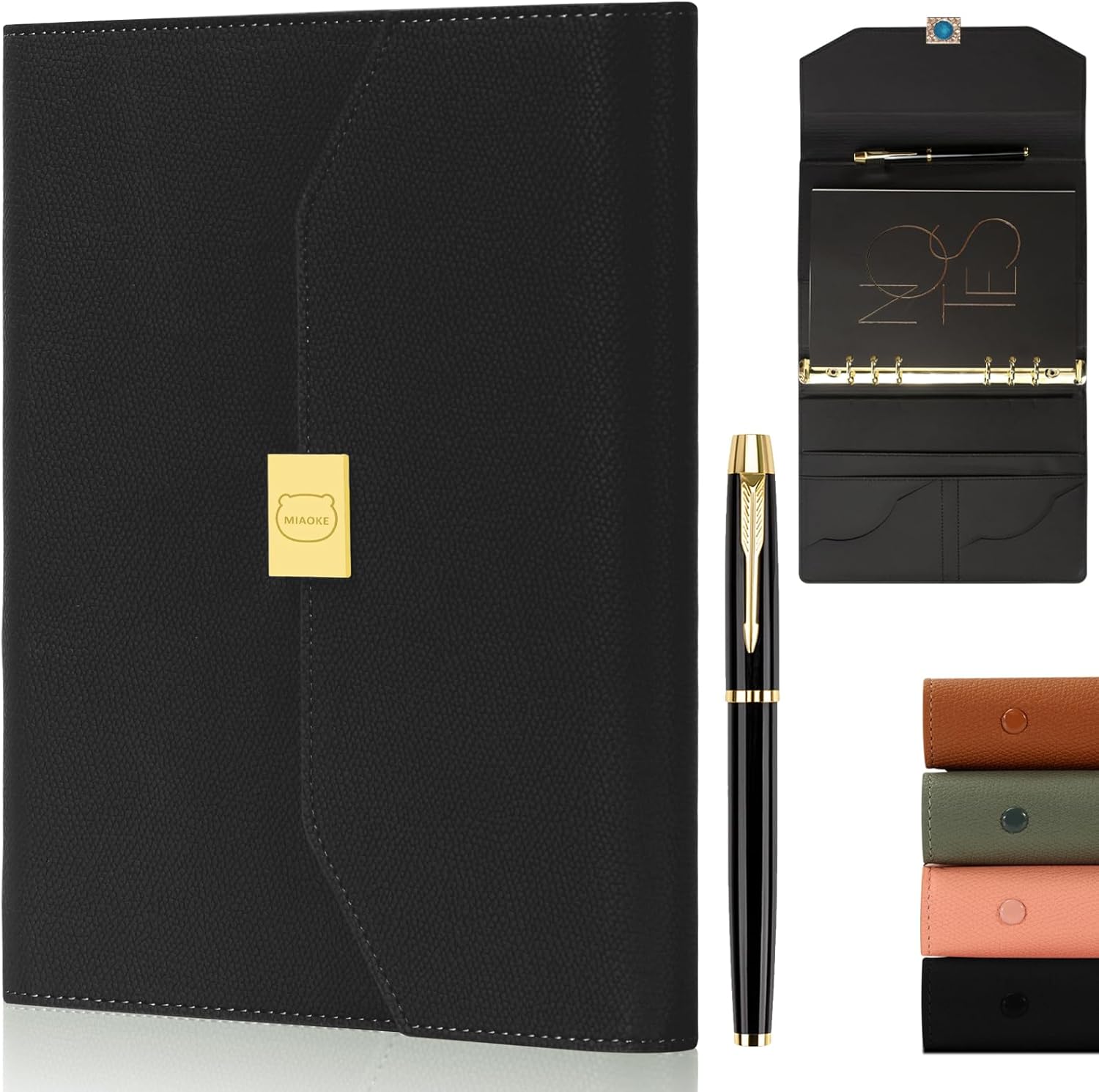 MIAOKE Luxury Work Notebook, Hardcover Leather Journal for Women Men, 6 Hole Loose-leaf Refillable Folio Notebook with Pen, Pocket and Magnetic Closure for Daily Writing, Business Travel and Work