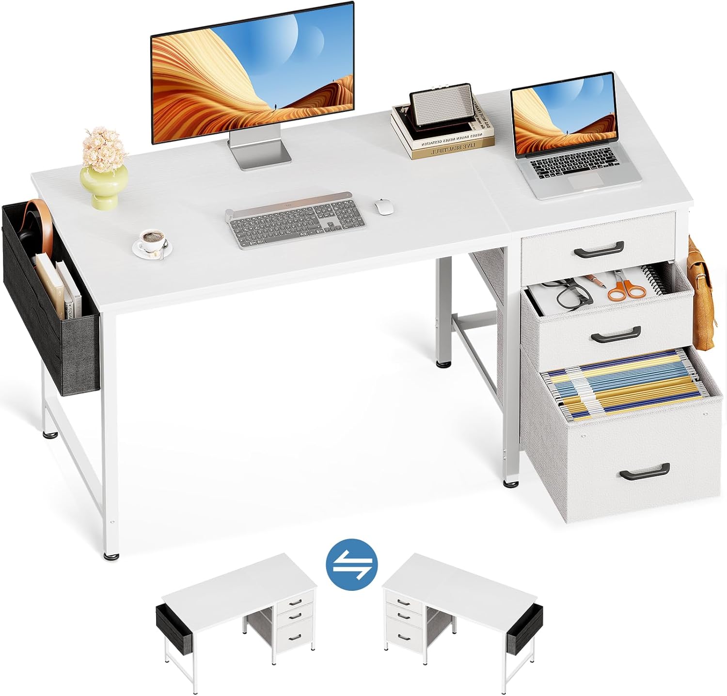 Casaottima 40" Small Computer Home Office Desk for Bedroom with Fabric Drawers & File Cabinet, Cloth Storage Bag and Hook, Writing Study Work Table for Small Space, White